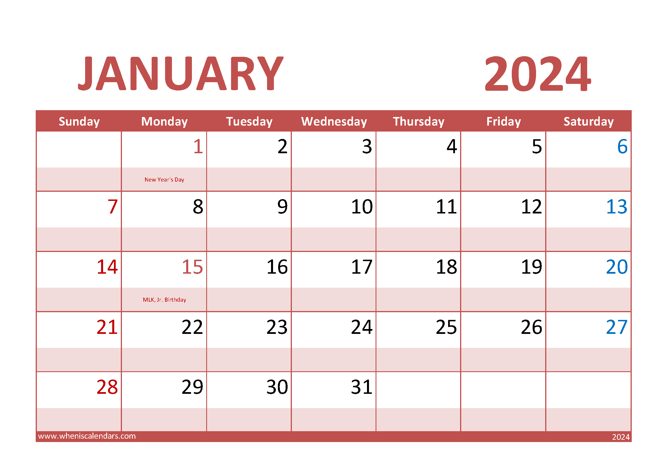 Download January Calendar 2024 Printable A4 Horizontal J4012