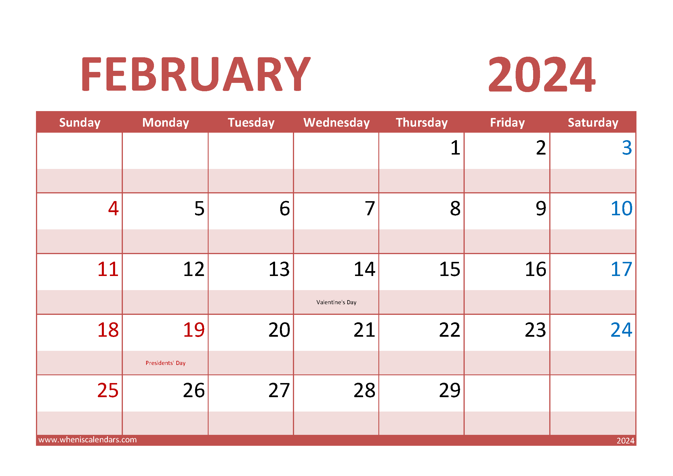 Download February Calendar 2024 Printable A4 Horizontal 24012
