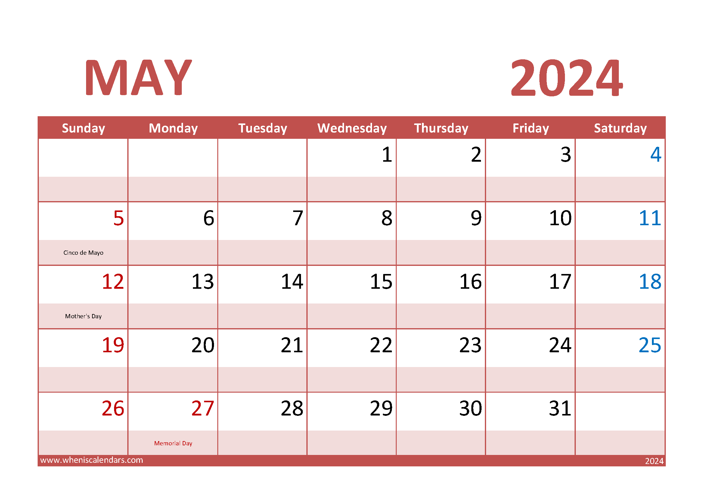 Download May Calendar 2024 Printable A4 Horizontal 54012