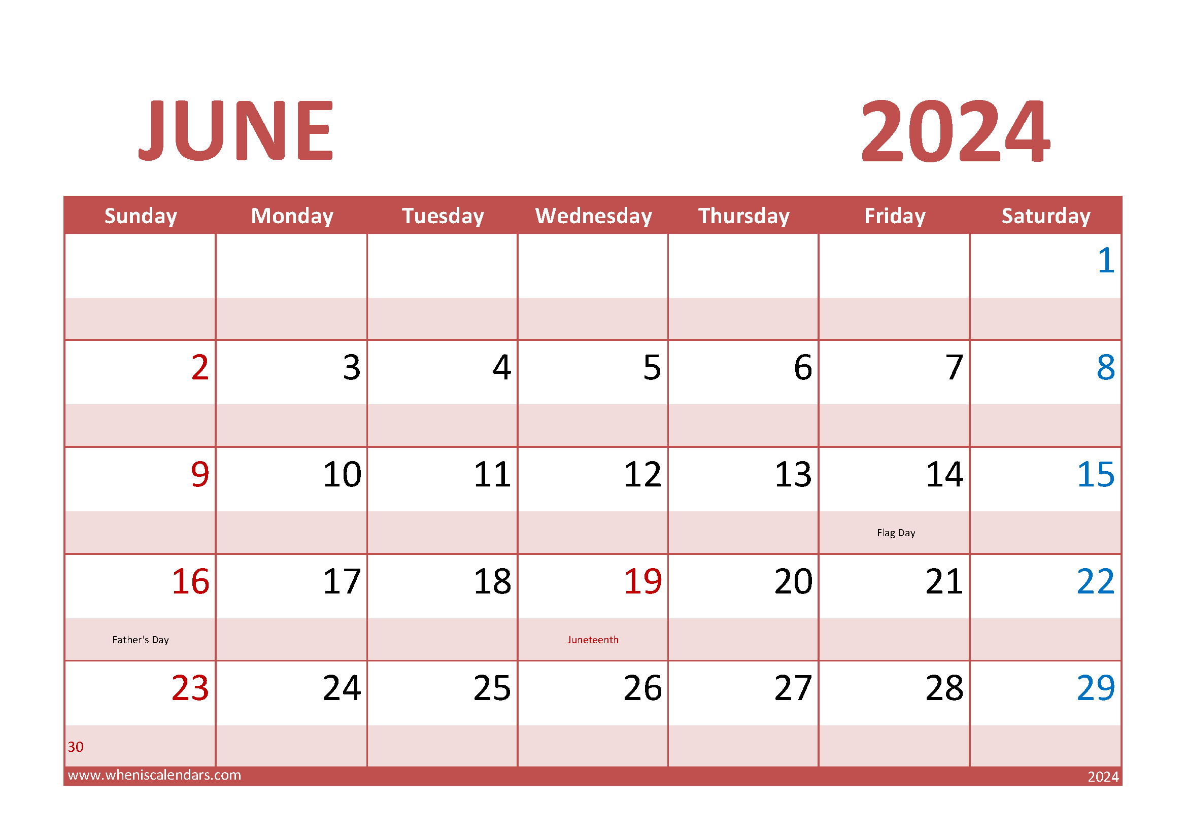 Download June Calendar 2024 Printable A4 Horizontal 64012