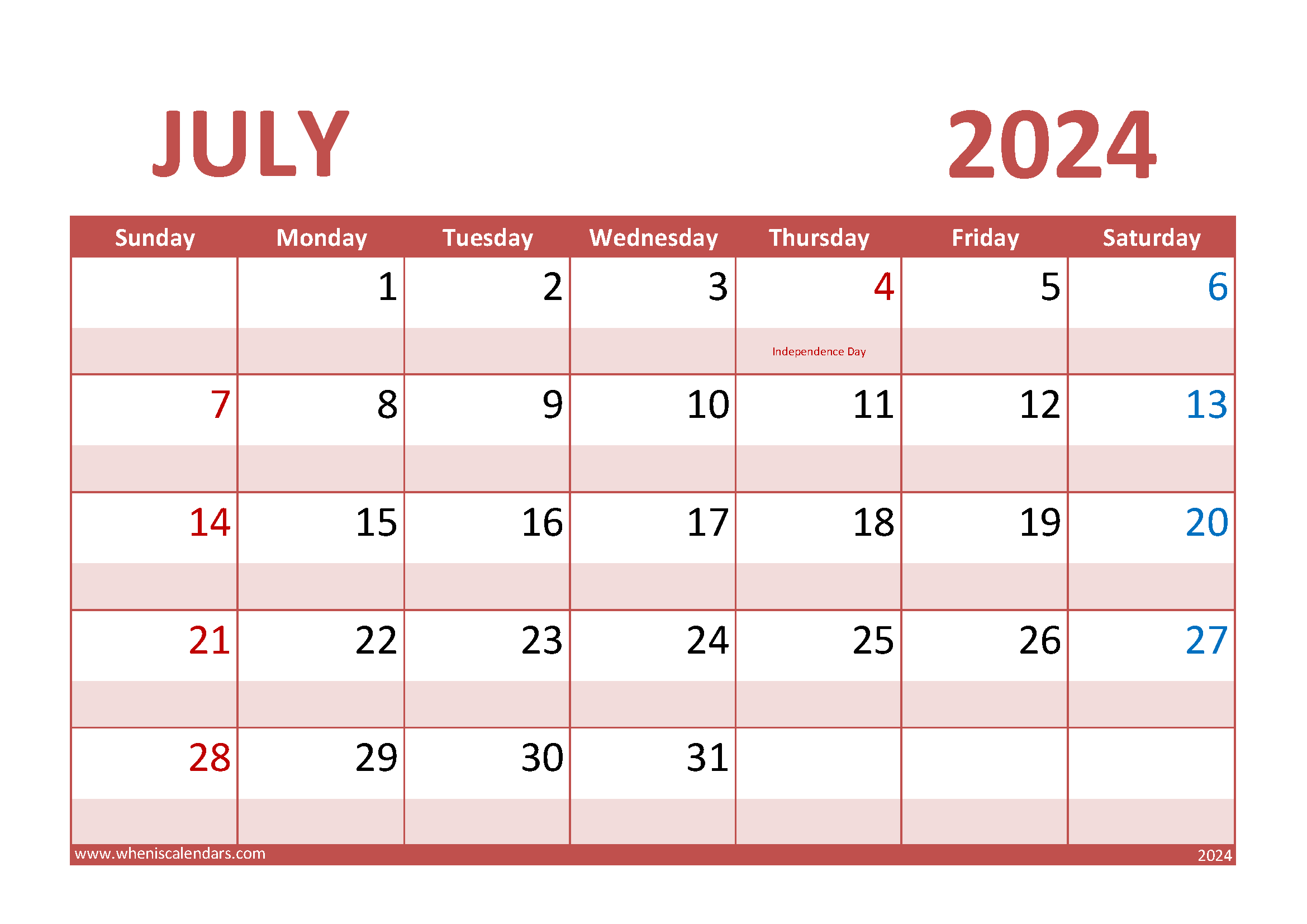 Download July Calendar 2024 Printable A4 Horizontal 74012