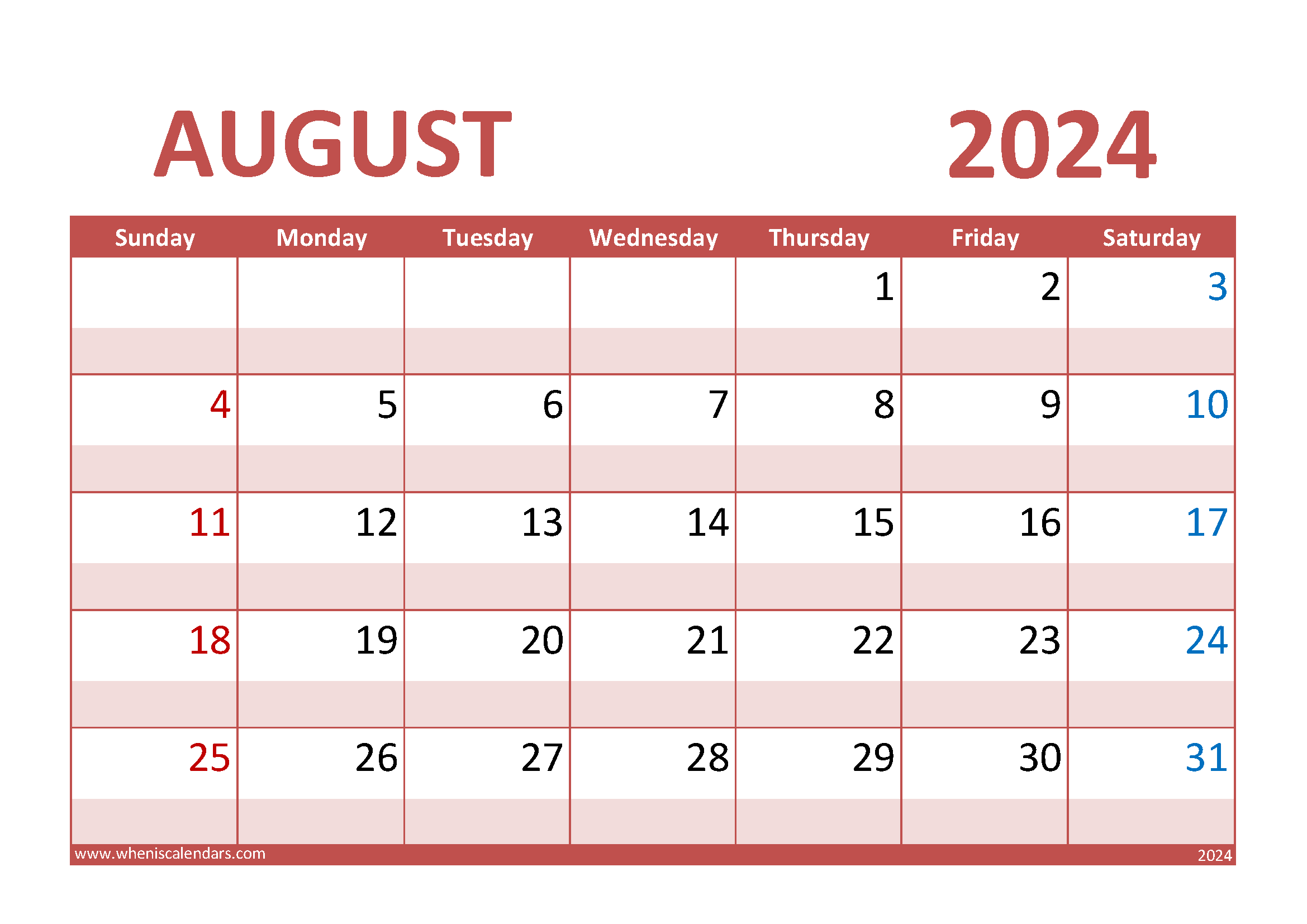 Download August Calendar 2024 Printable A4 Horizontal 84012