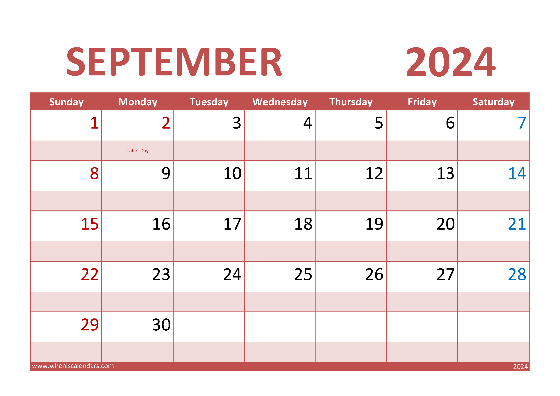 Download September Calendar 2024 Printable A4 Horizontal 94012