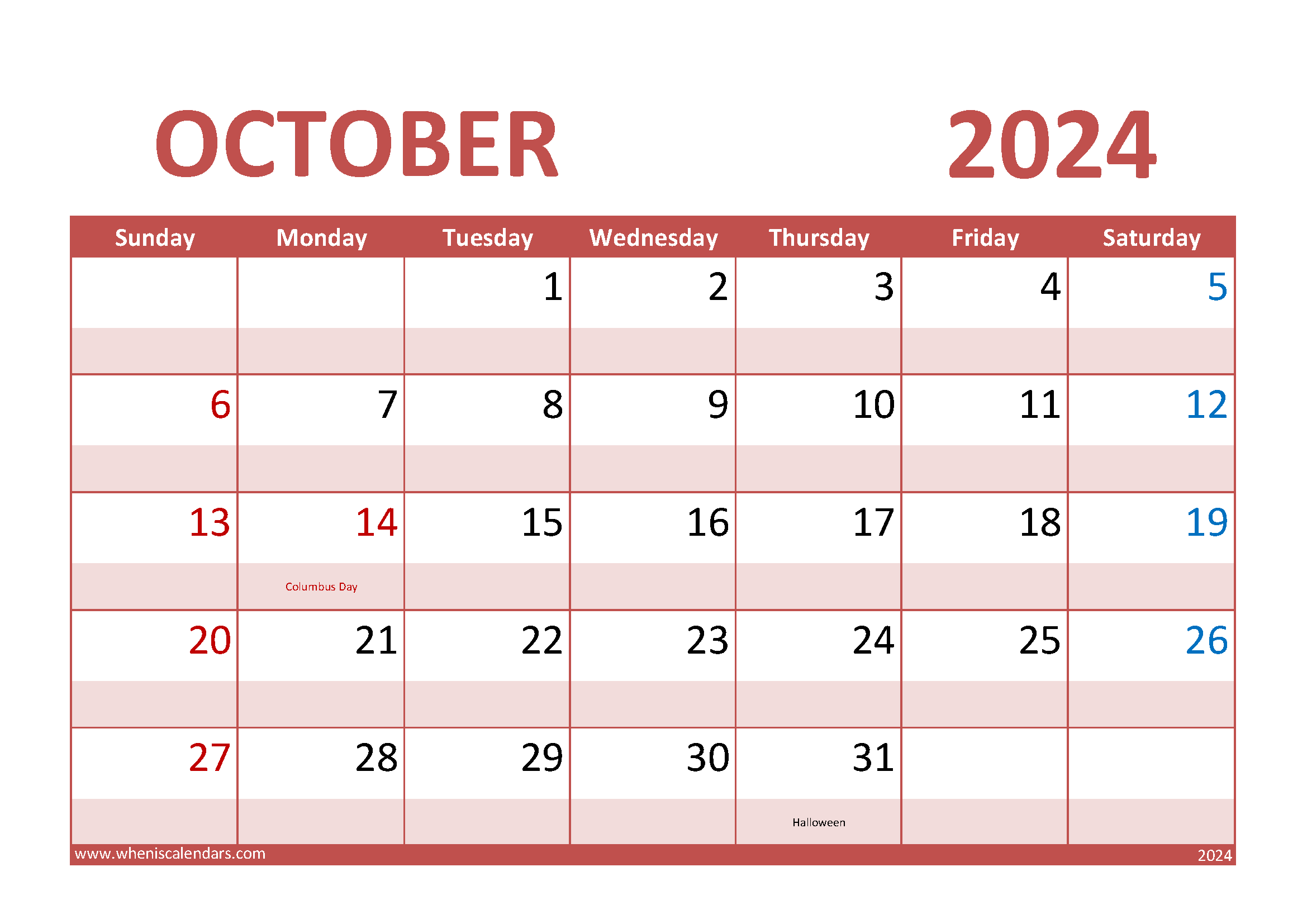 Download October Calendar 2024 Printable A4 Horizontal 104012