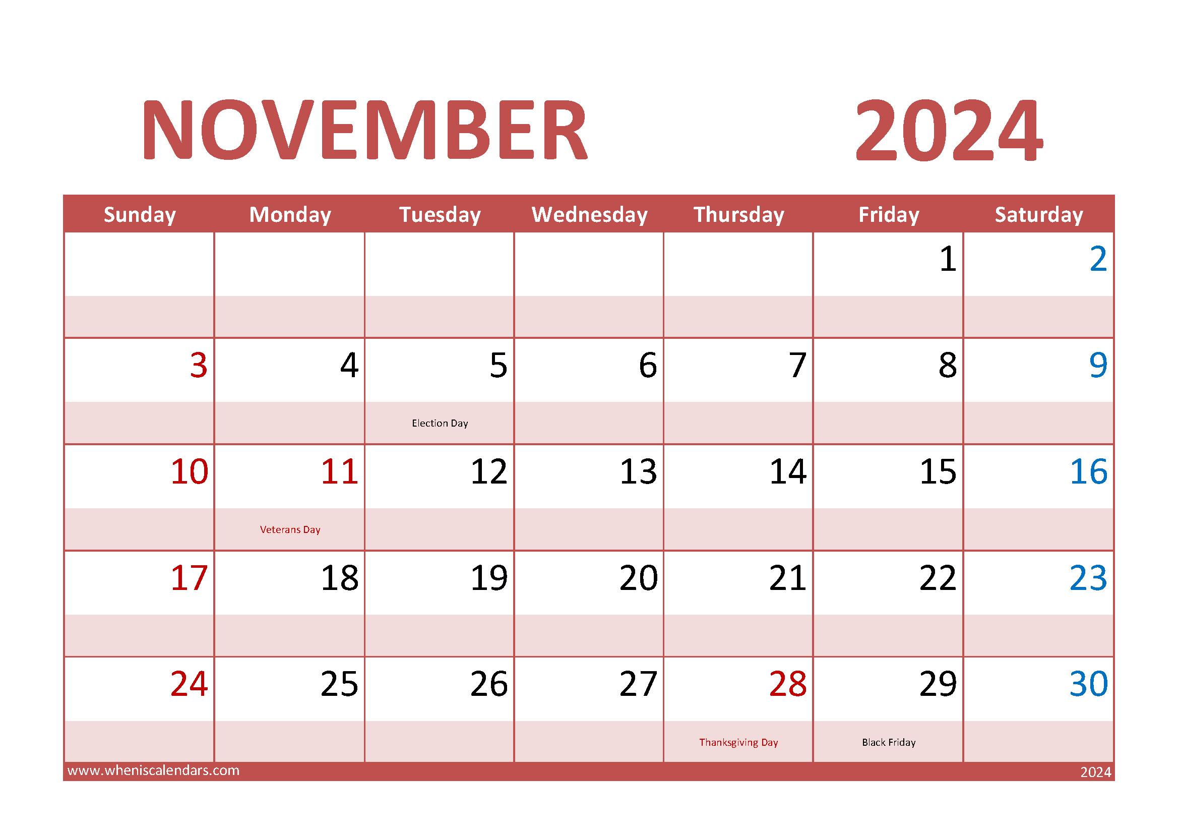 Download November Calendar 2024 Printable A4 Horizontal 114012