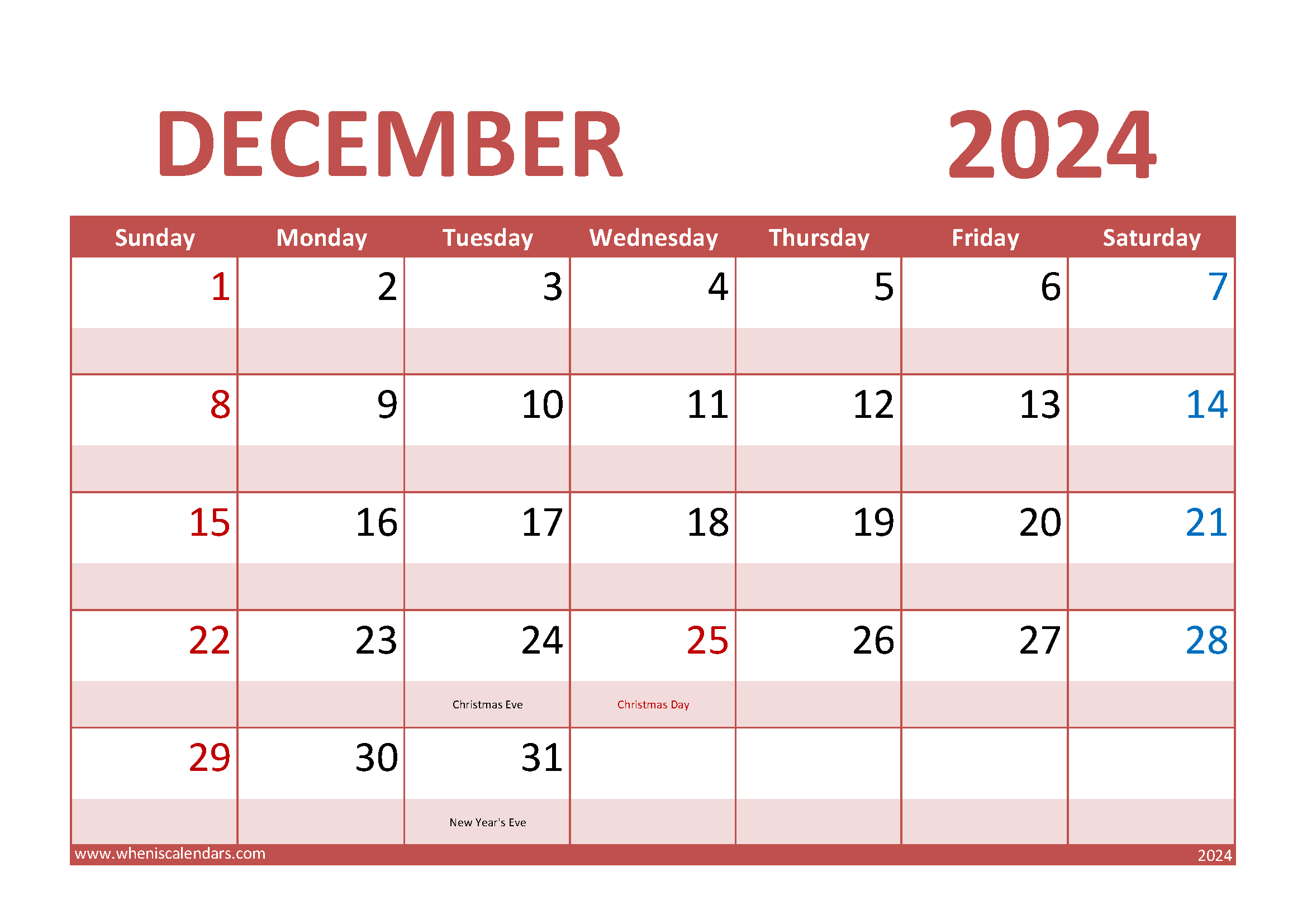 Download December Calendar 2024 Printable A4 Horizontal 124012