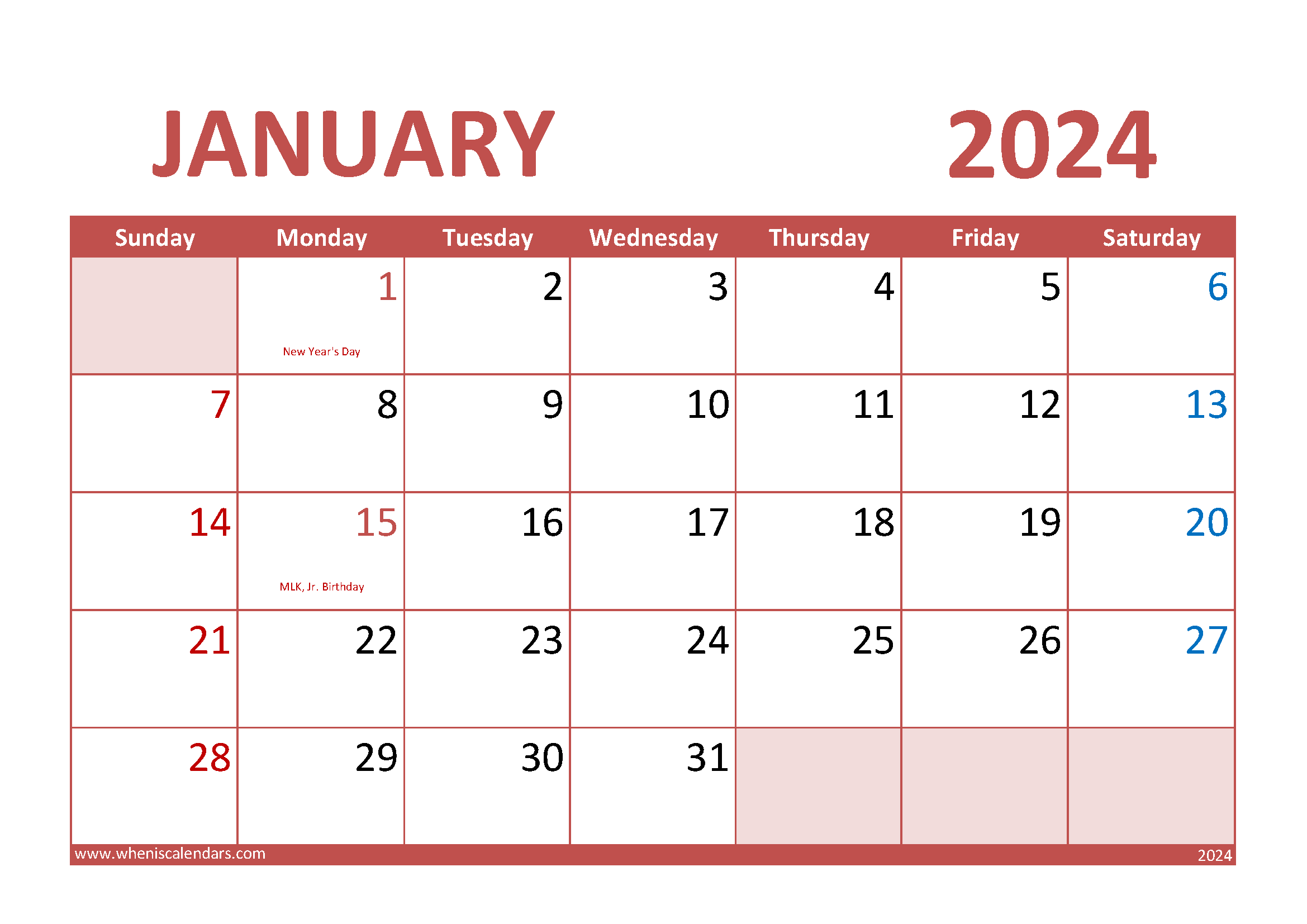 Download special days in January 2024 A4 Horizontal J4013