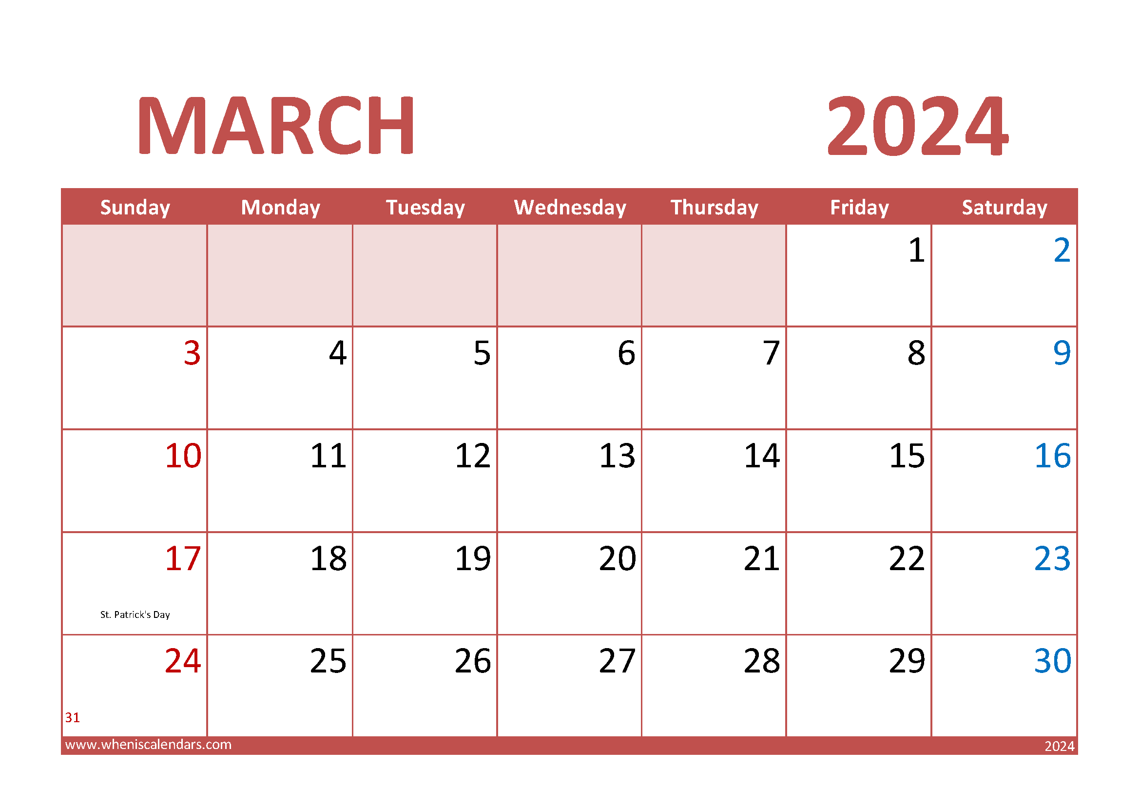 Download special days in March 2024 A4 Horizontal 34013