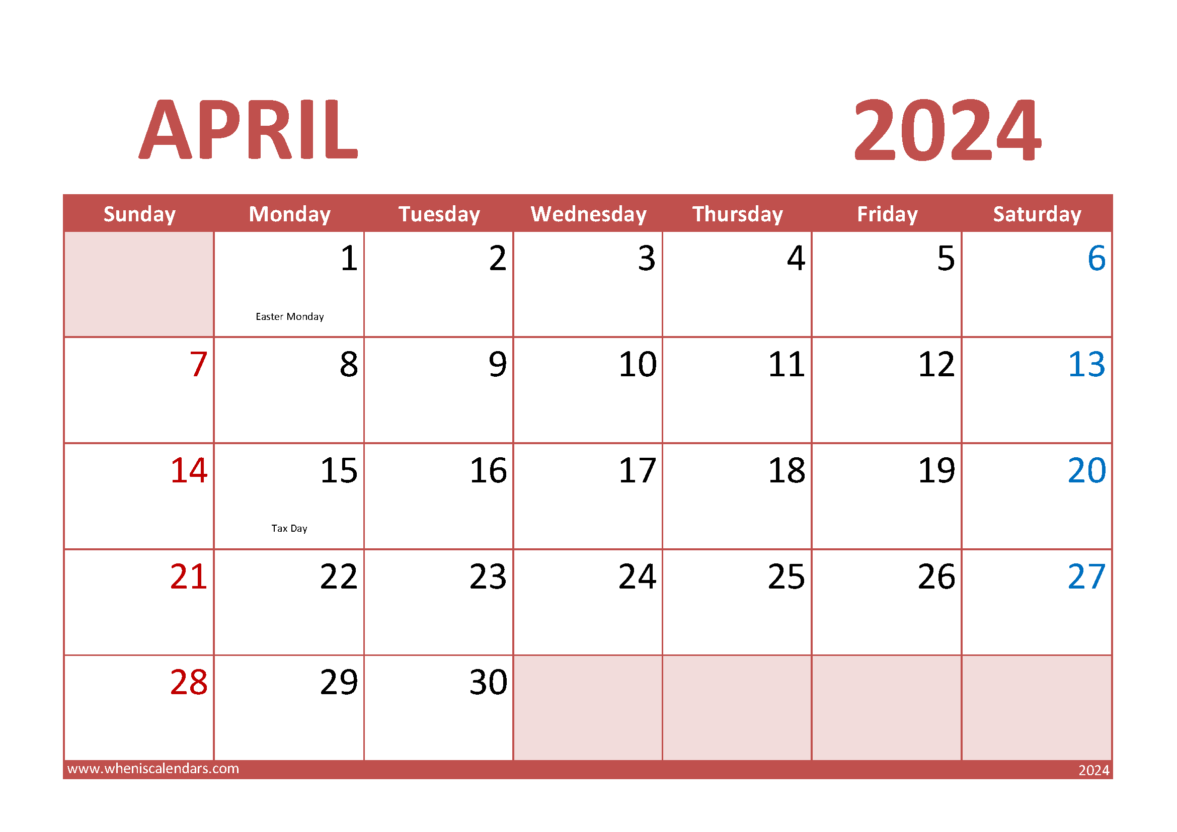 Download special days in April 2024 A4 Horizontal 44013
