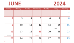 Calendar June 2024 Printable Free J6293