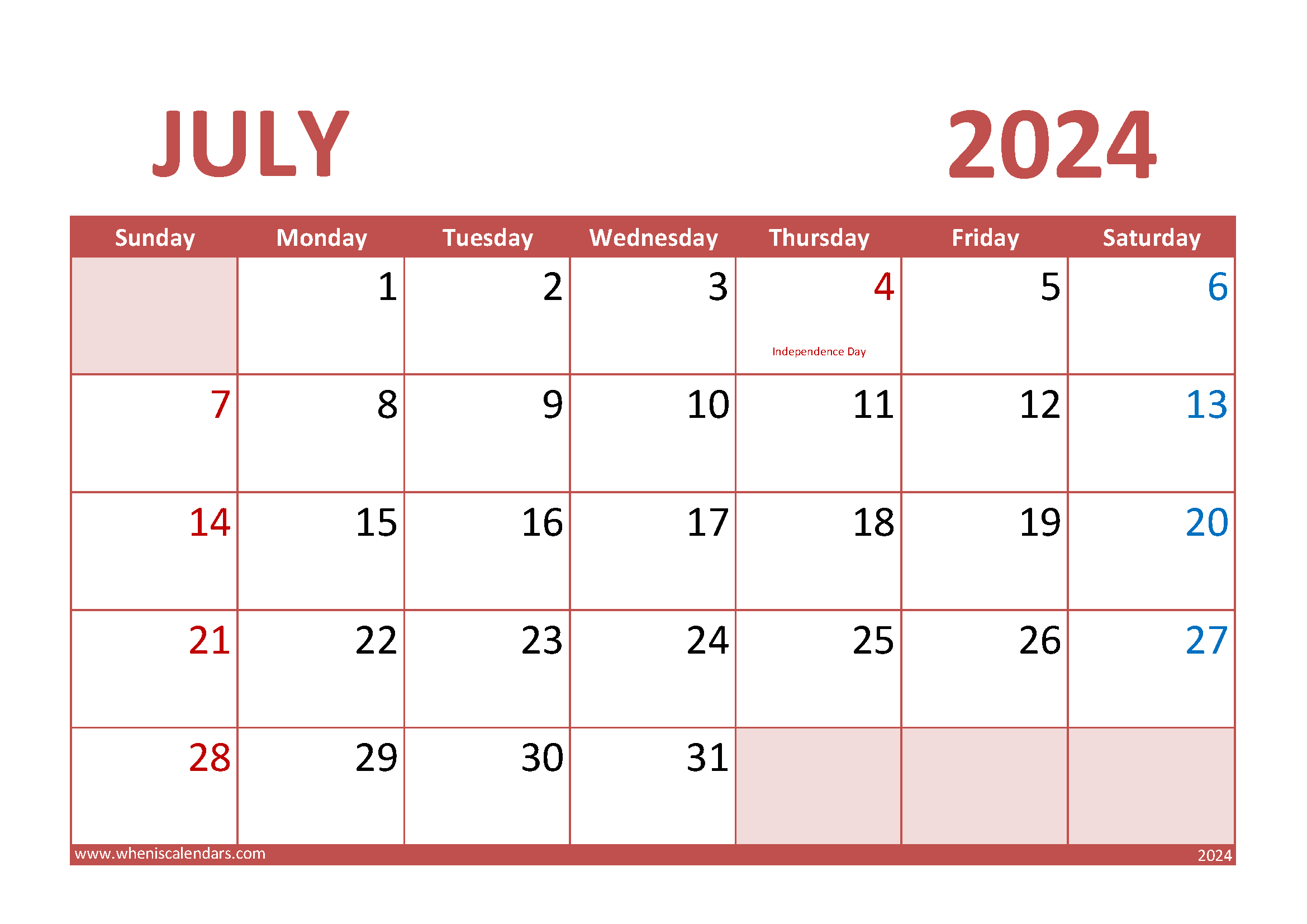 Download special days in July 2024 A4 Horizontal 74013