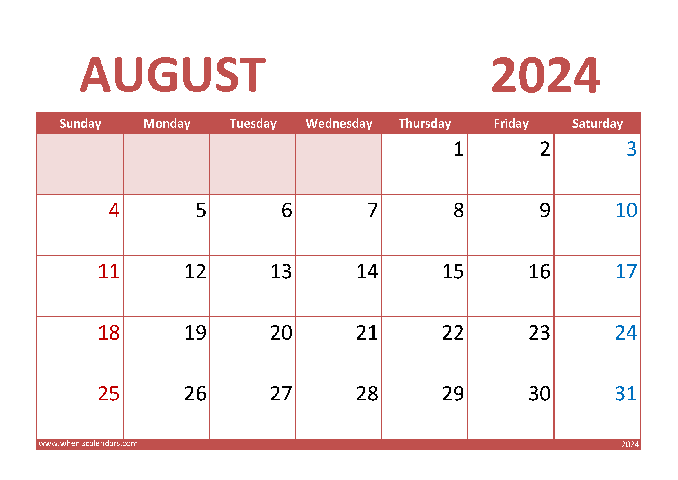 Download special days in August 2024 A4 Horizontal 84013