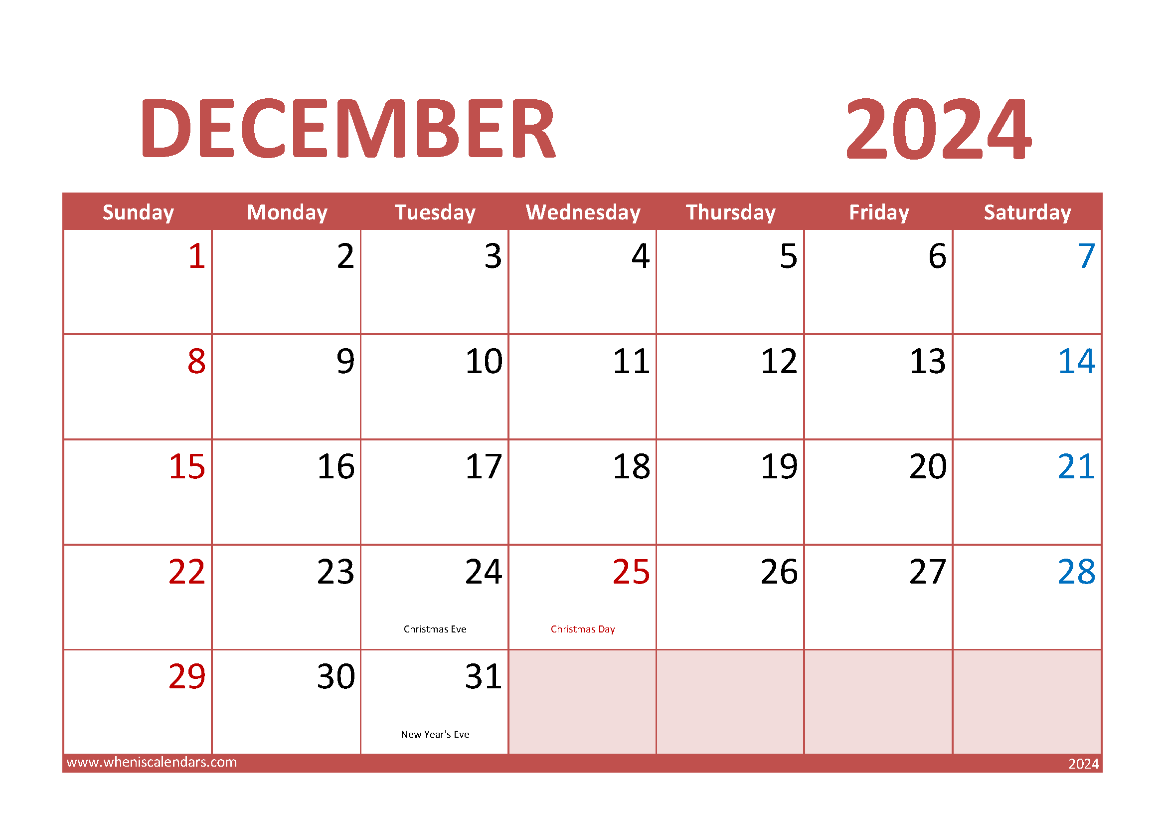 Download special days in December 2024 A4 Horizontal 124013