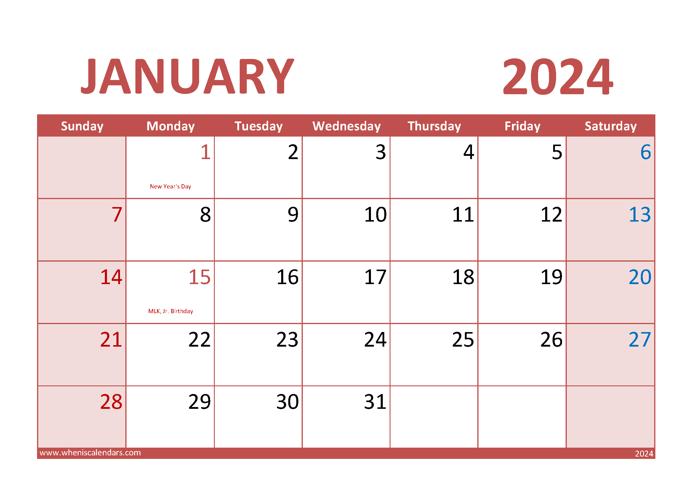 Download Free Printable January 2024 Calendar A4 Horizontal J4014