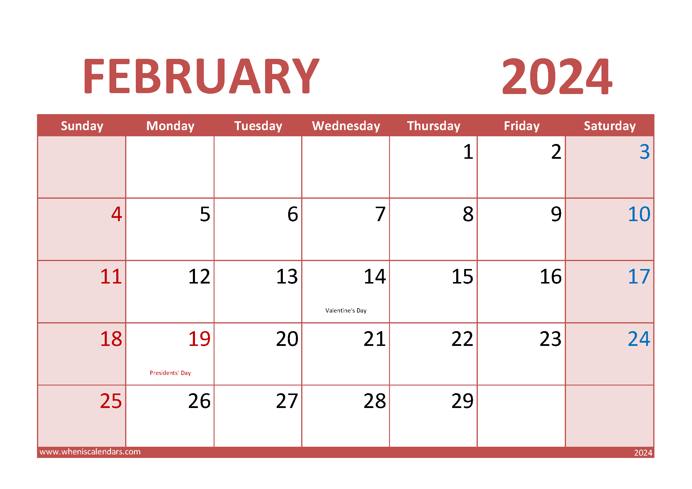 Download Free Printable February 2024 Calendar A4 Horizontal 24014