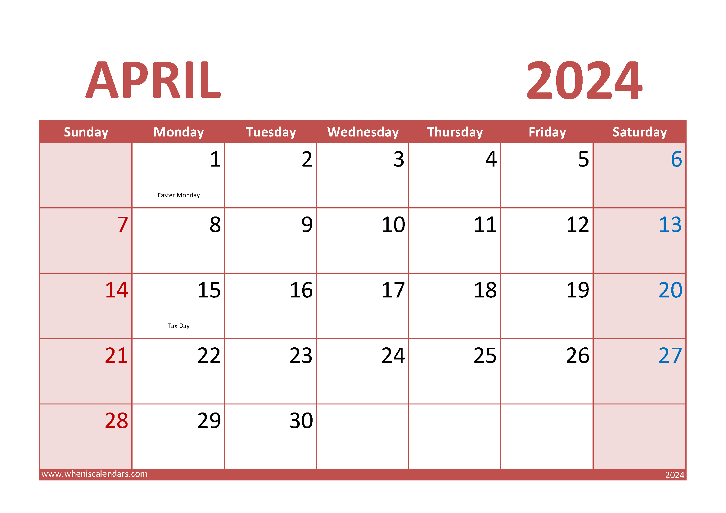 Download Free Printable April 2024 Calendar A4 Horizontal 44014