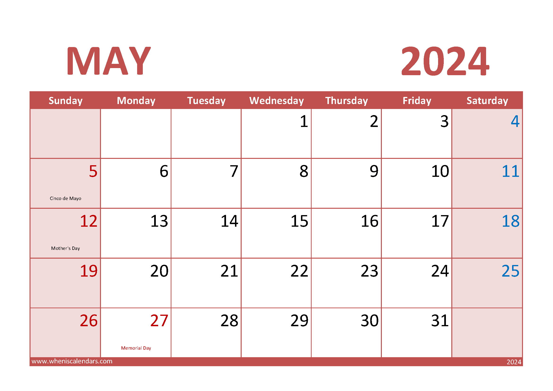 Download Free Printable May 2024 Calendar A4 Horizontal 54014