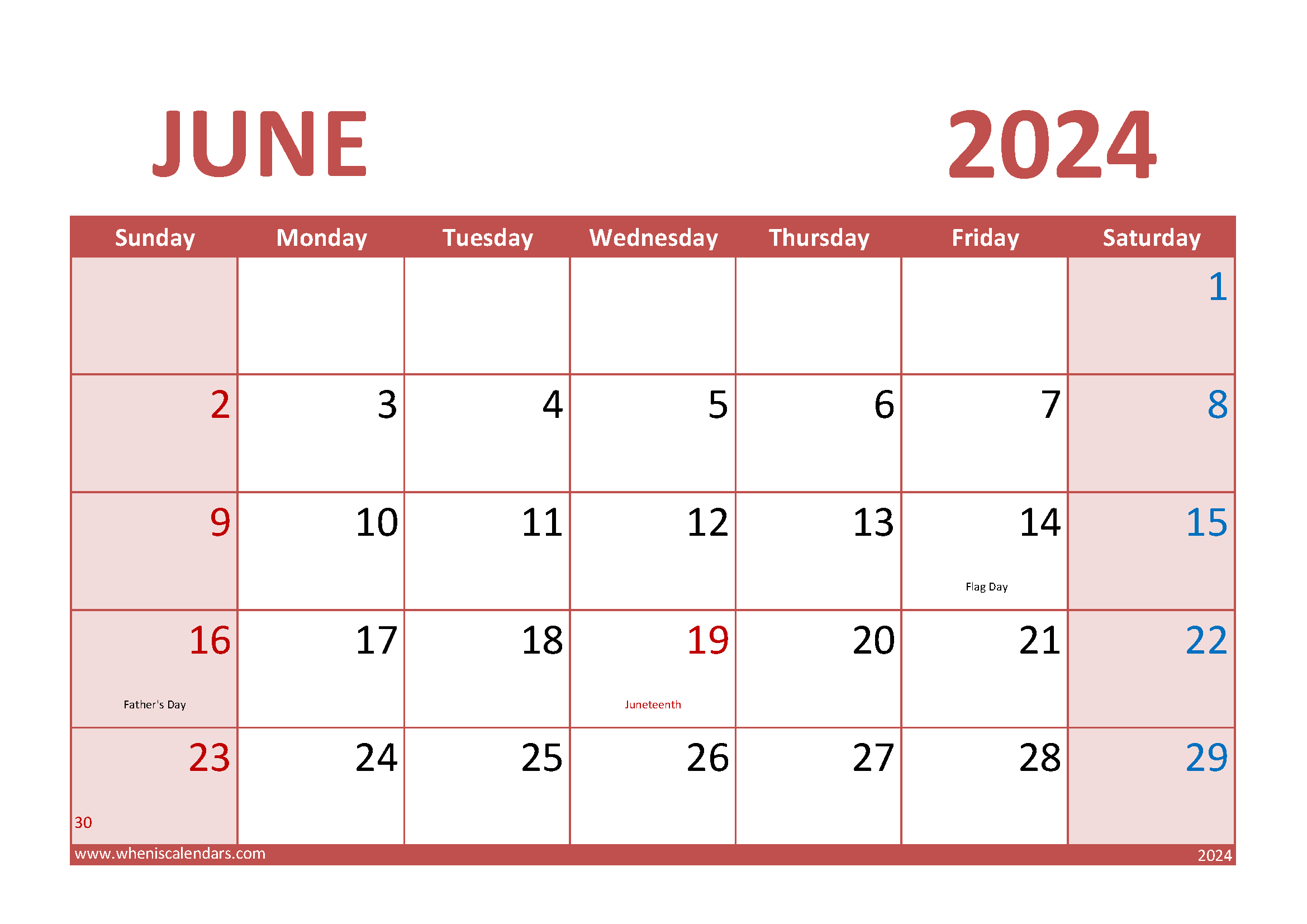Download Free Printable June 2024 Calendar A4 Horizontal 64014
