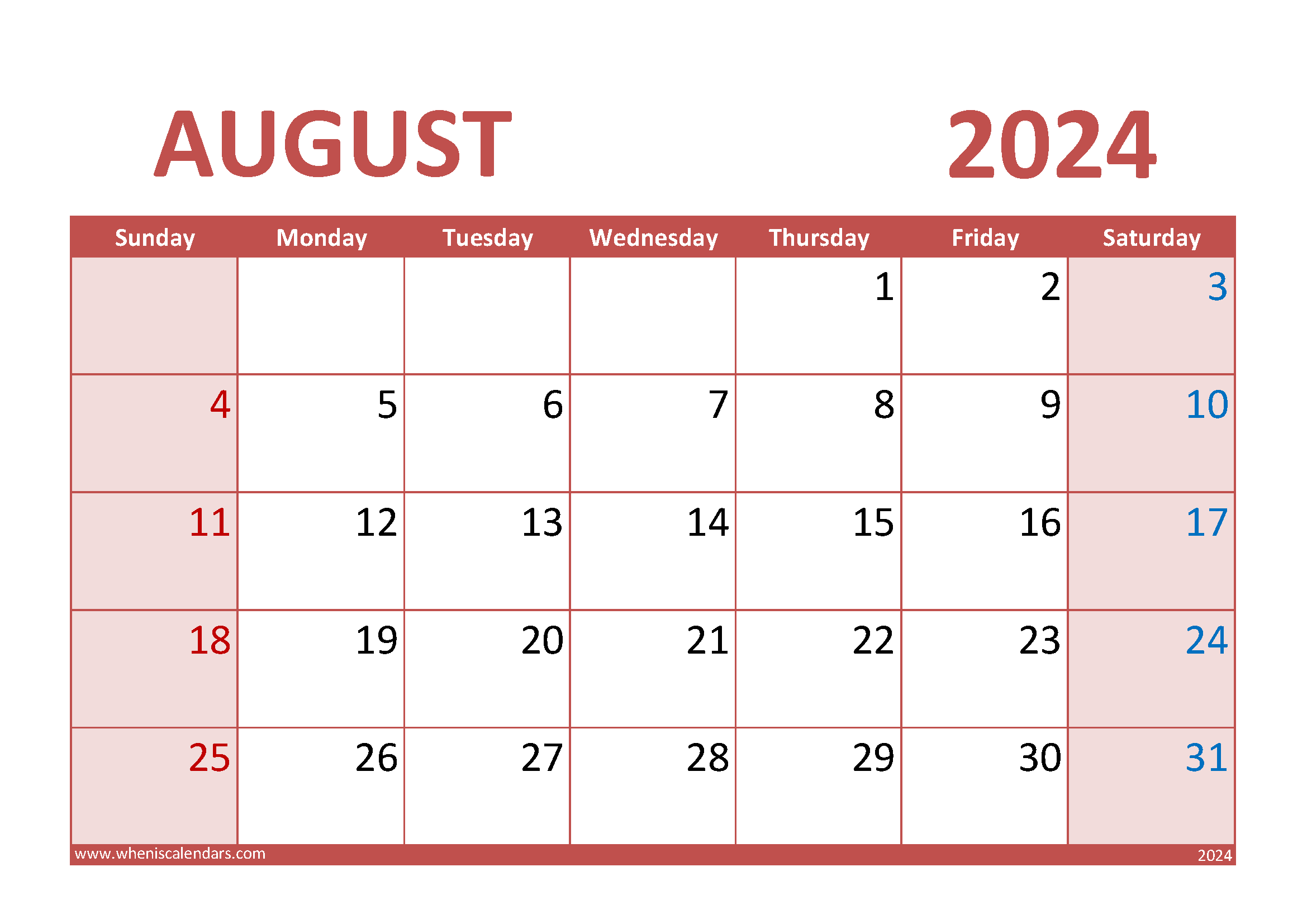 Download Free Printable August 2024 Calendar A4 Horizontal 84014