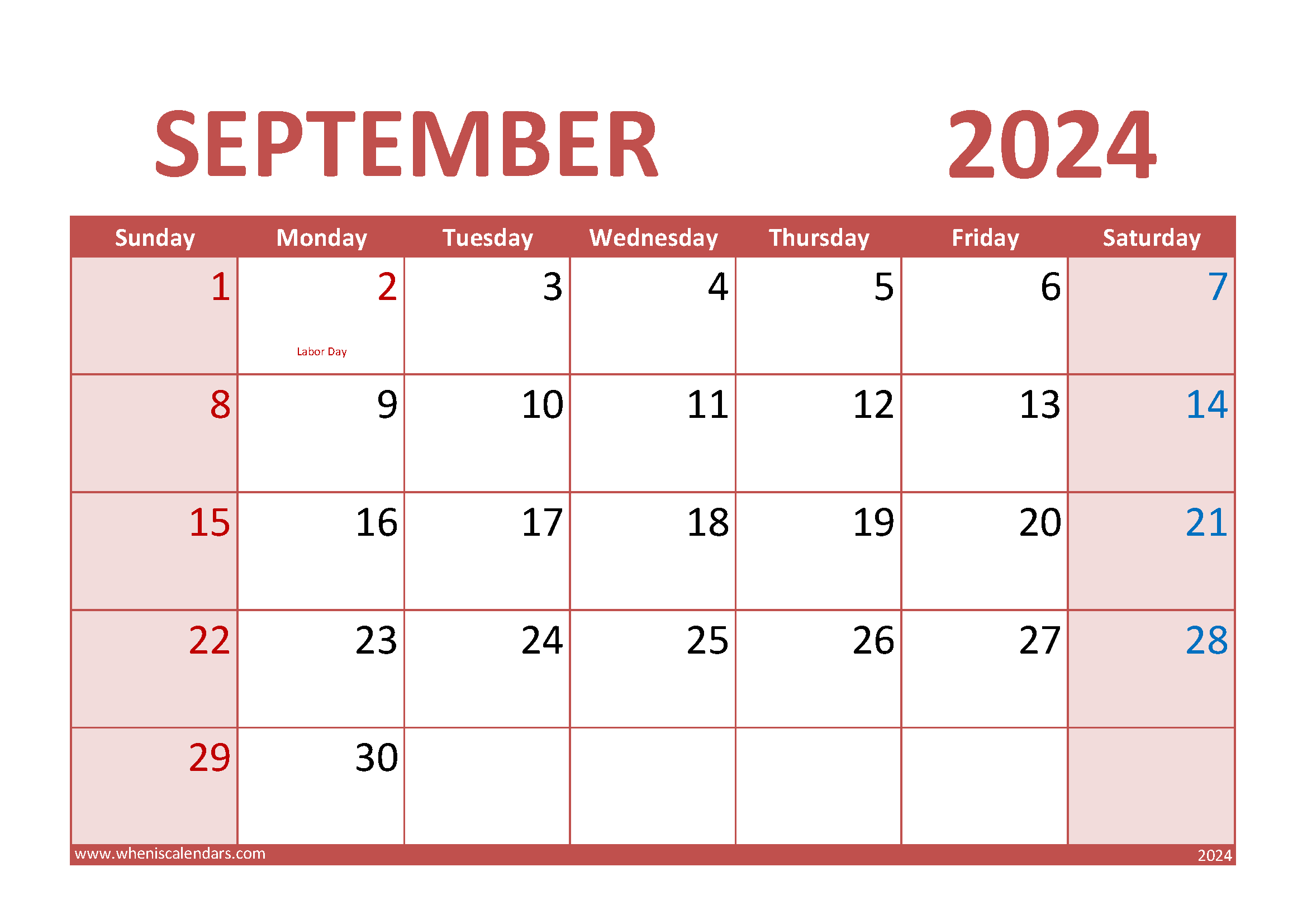 Download Free Printable September 2024 Calendar A4 Horizontal 94014