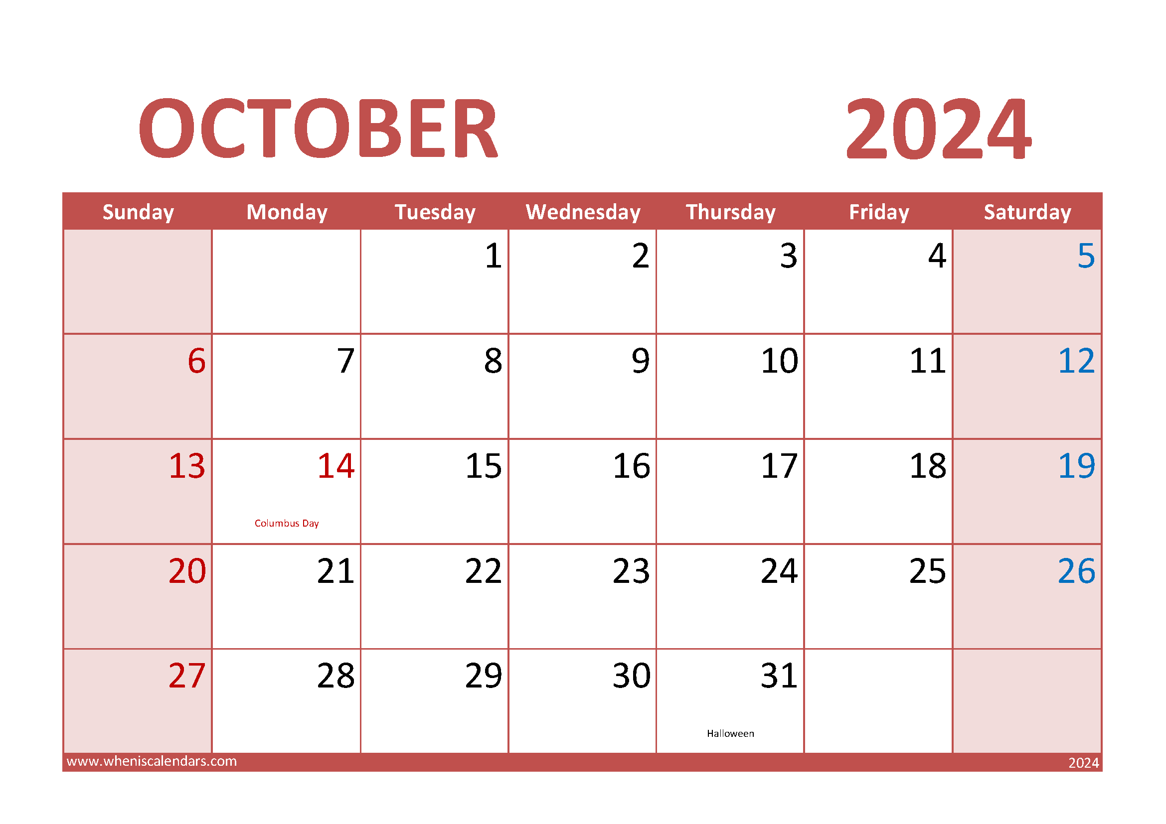 Download Free Printable October 2024 Calendar A4 Horizontal 104014