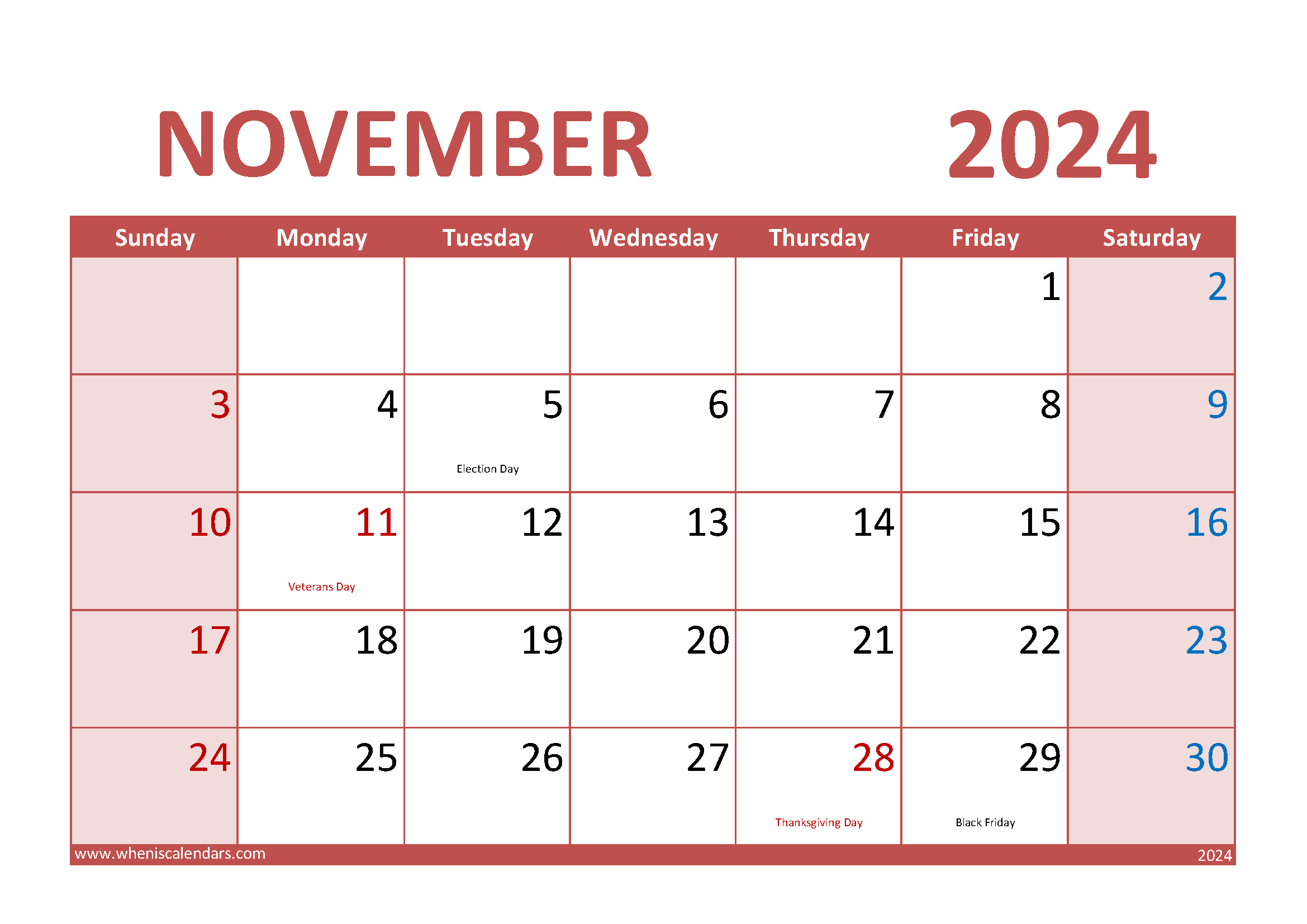 Download Free Printable November 2024 Calendar A4 Horizontal 114014