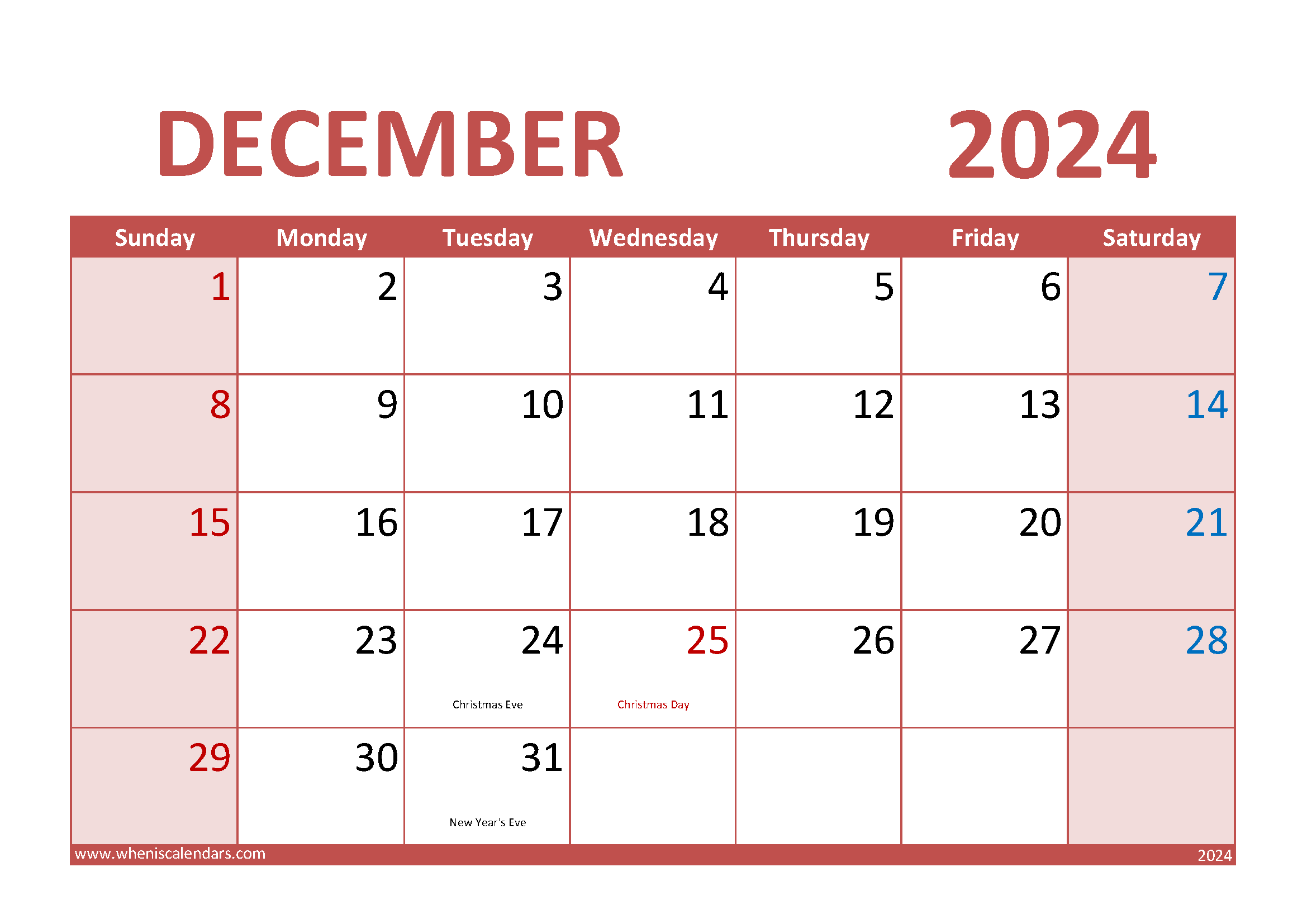 Download Free Printable December 2024 Calendar A4 Horizontal 124014