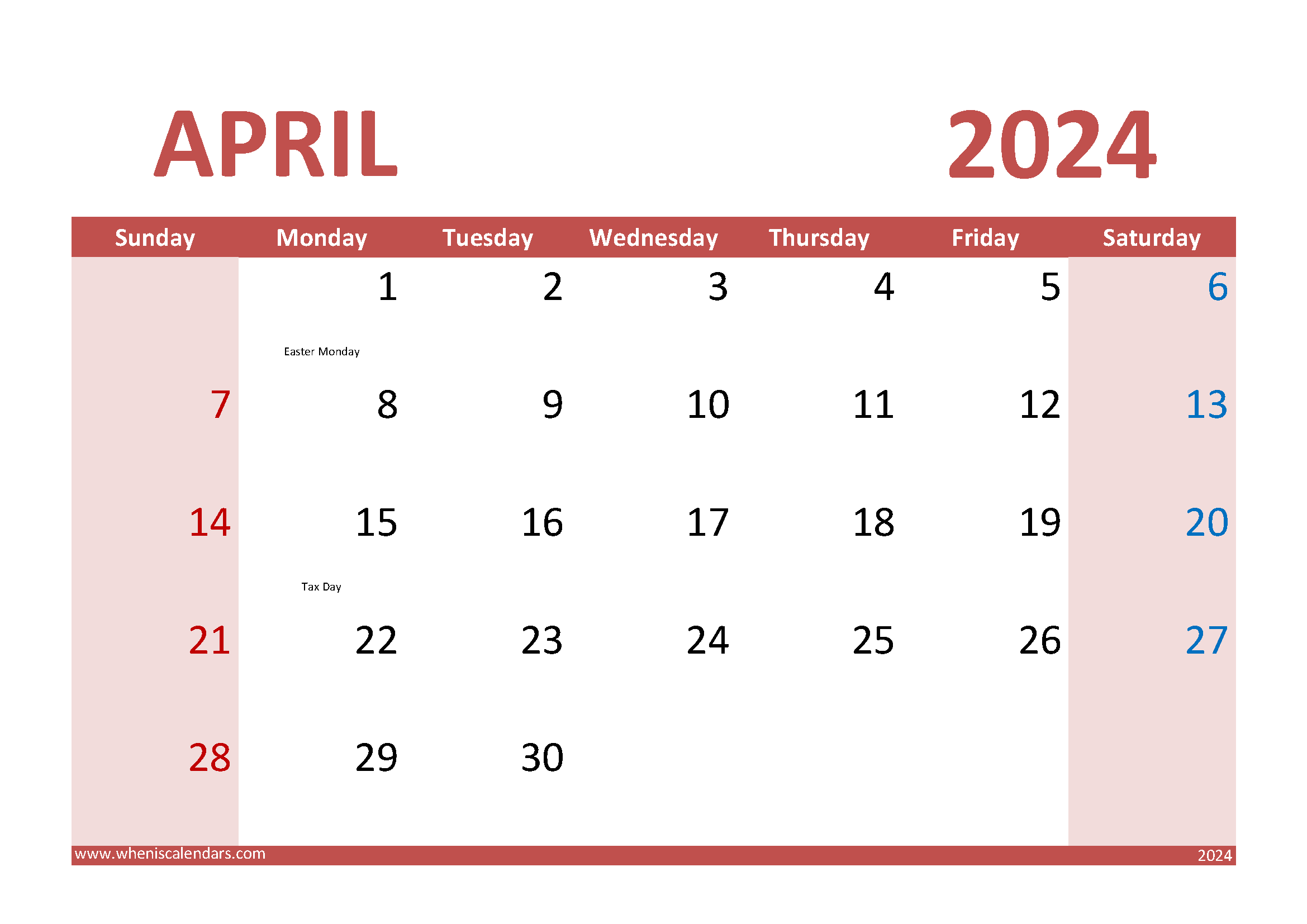 Download Free Printable Calendar April 2024 A4 Horizontal 44015