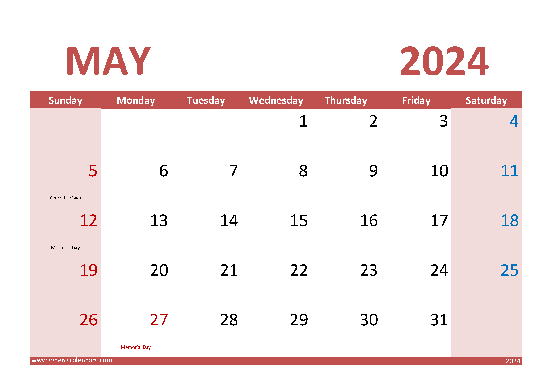 Download Free Printable Calendar May 2024 A4 Horizontal 54015