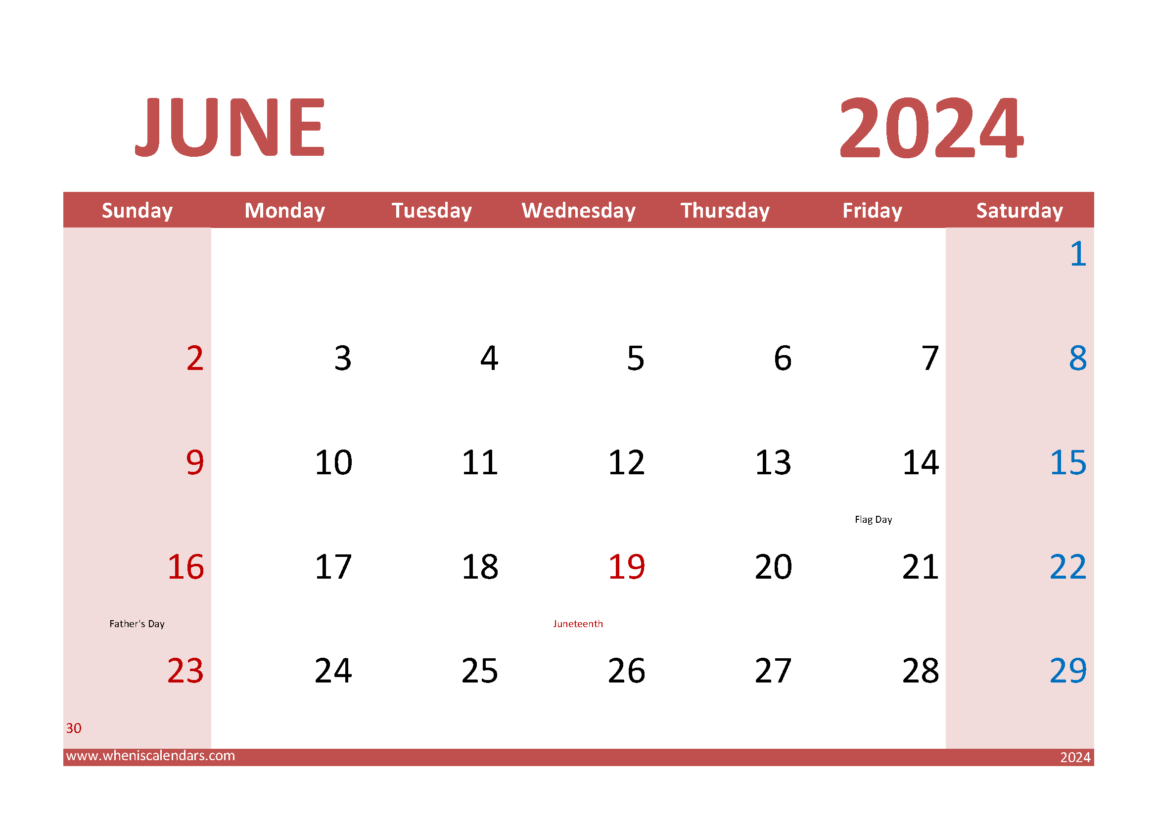 Download Free Printable Calendar June 2024 A4 Horizontal 64015