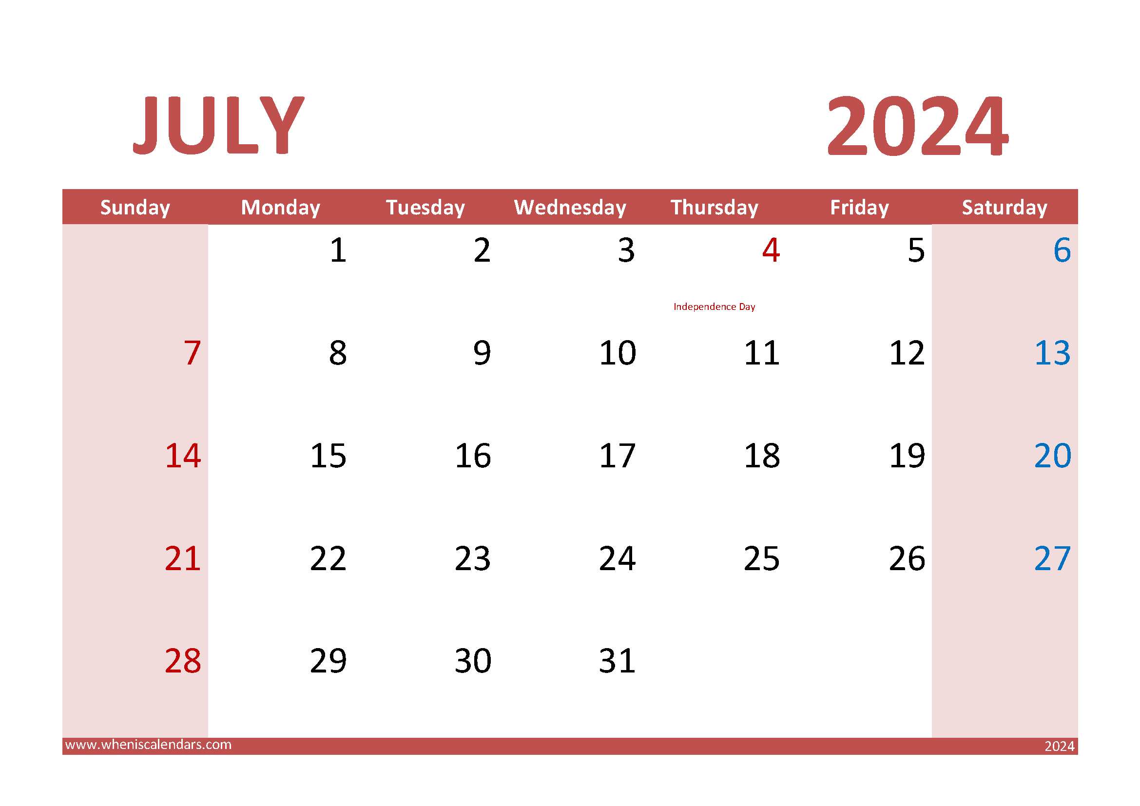 Download Free Printable Calendar July 2024 A4 Horizontal 74015