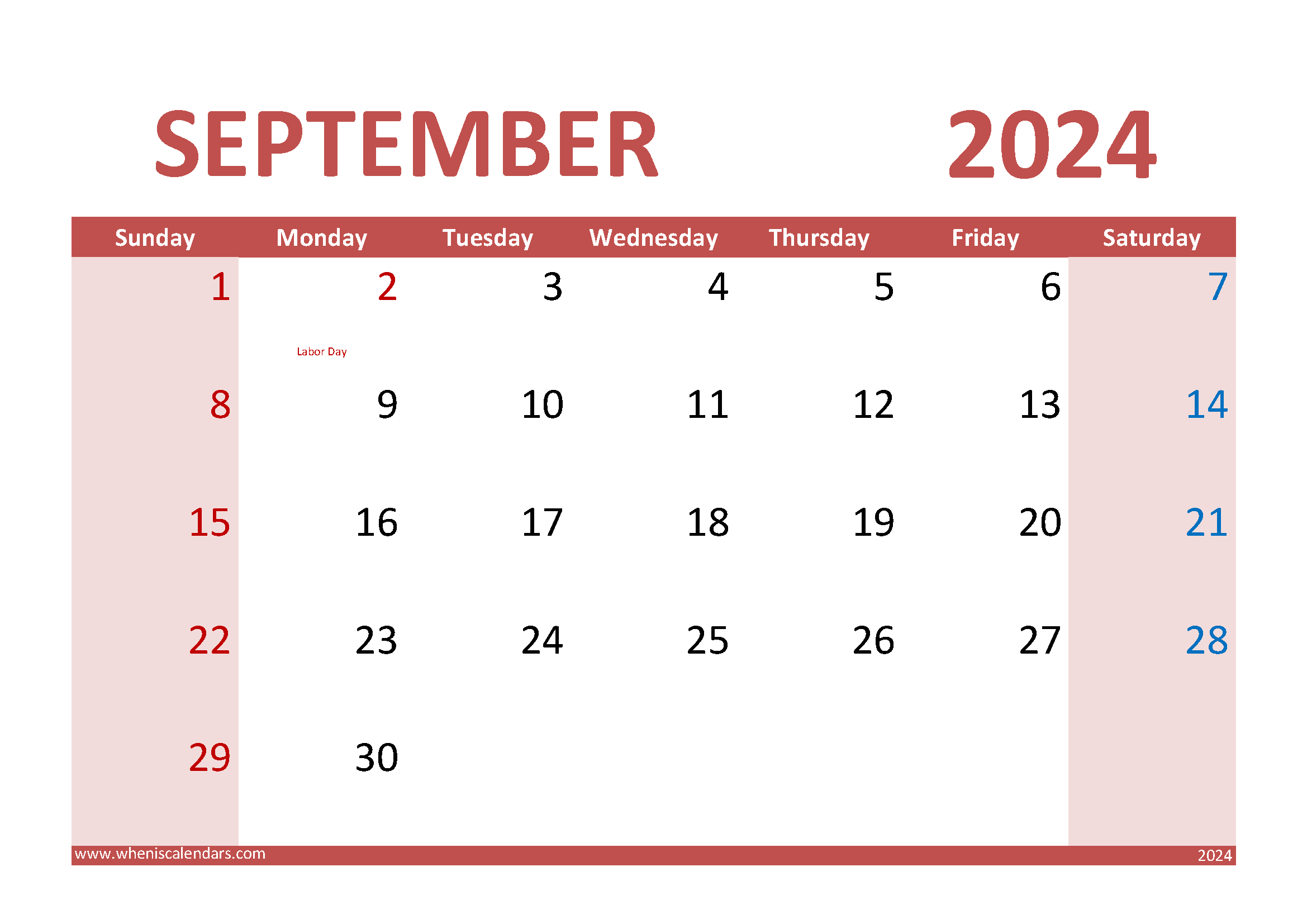 Download Free Printable Calendar September 2024 A4 Horizontal 94015
