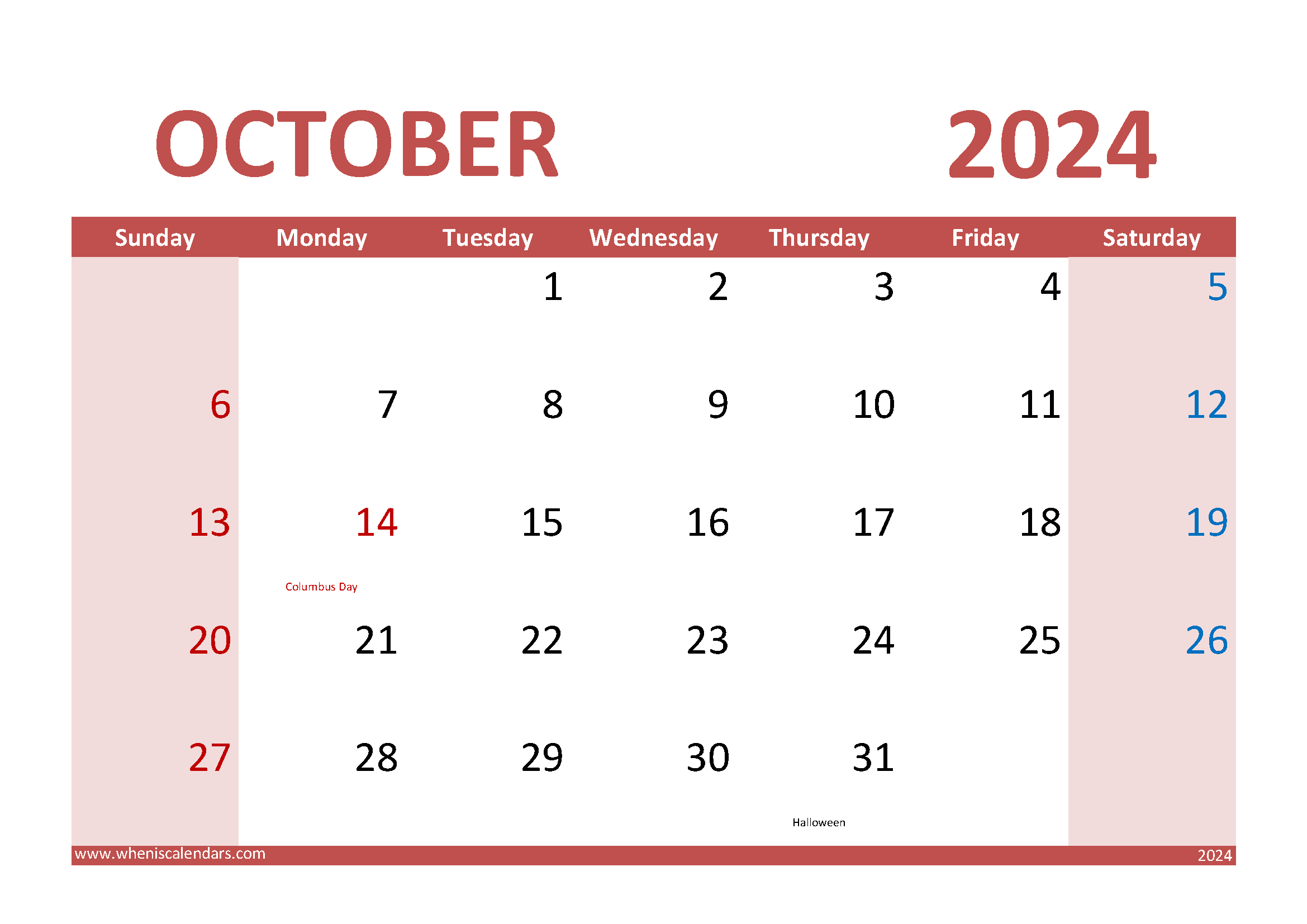 Download Free Printable Calendar October 2024 A4 Horizontal 104015