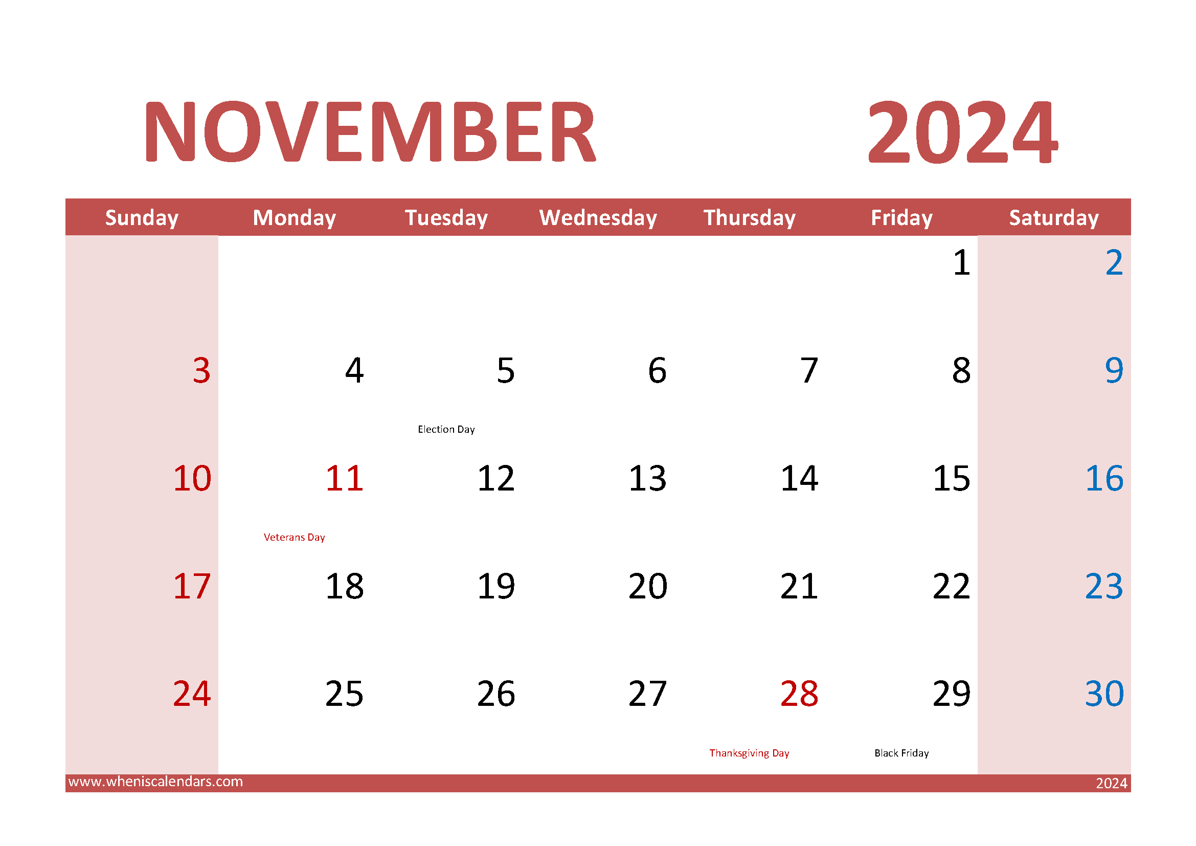 Download Free Printable Calendar November 2024 A4 Horizontal 114015