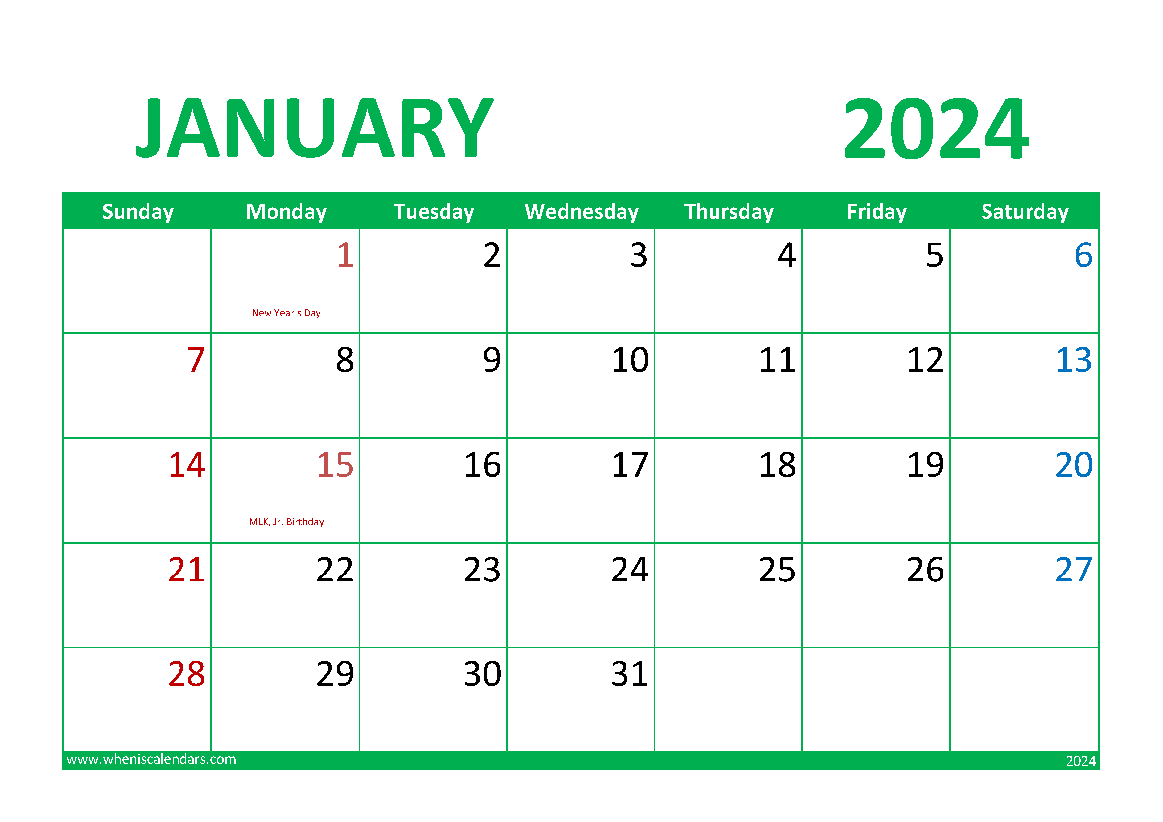 Download January 2024 Calendar Printable Free A4 Horizontal J4016