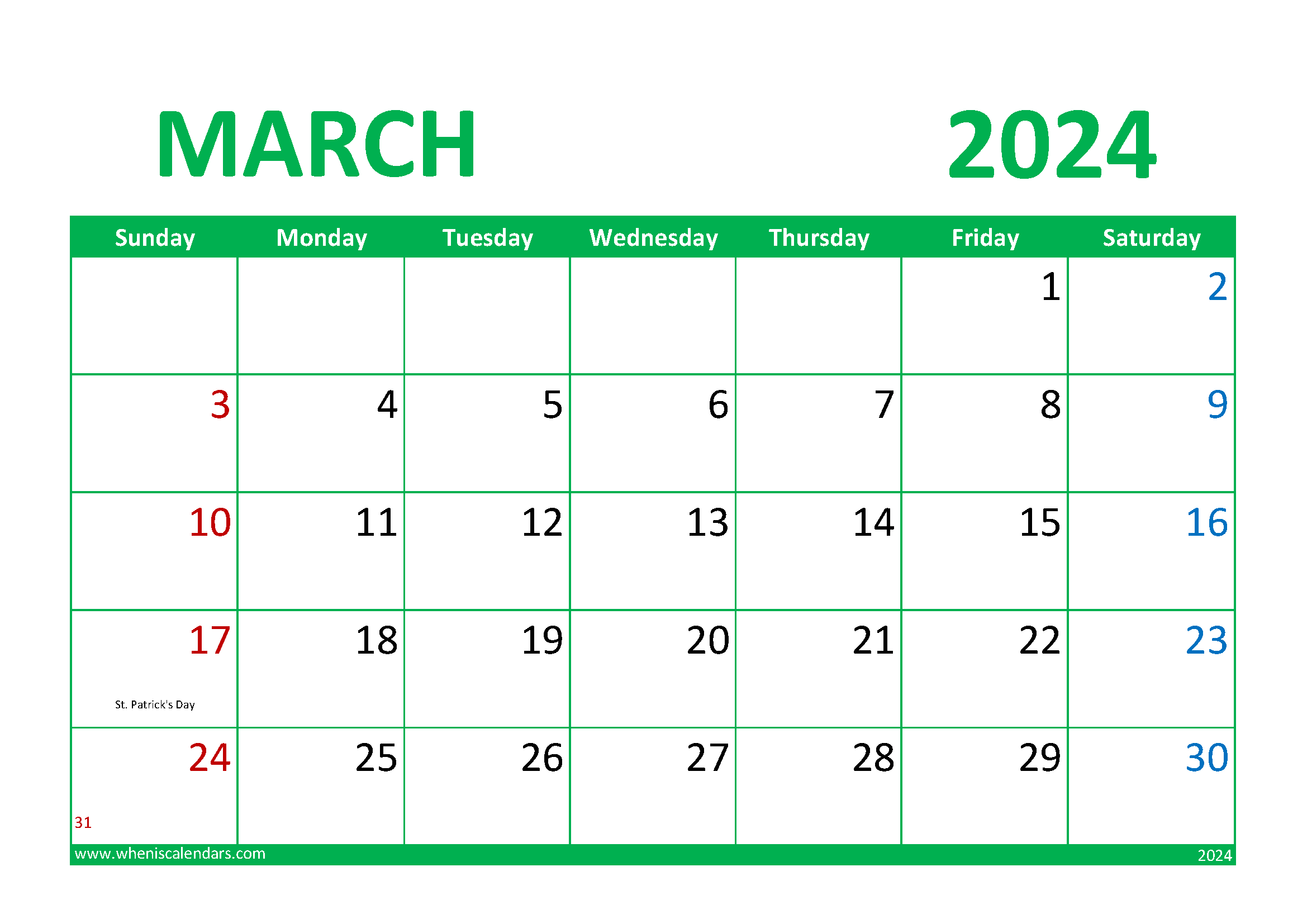 Download March 2024 Calendar Printable Free A4 Horizontal 34016