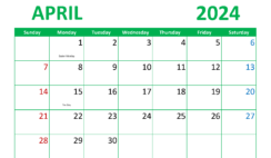 April Print Calendar 2024 A4296