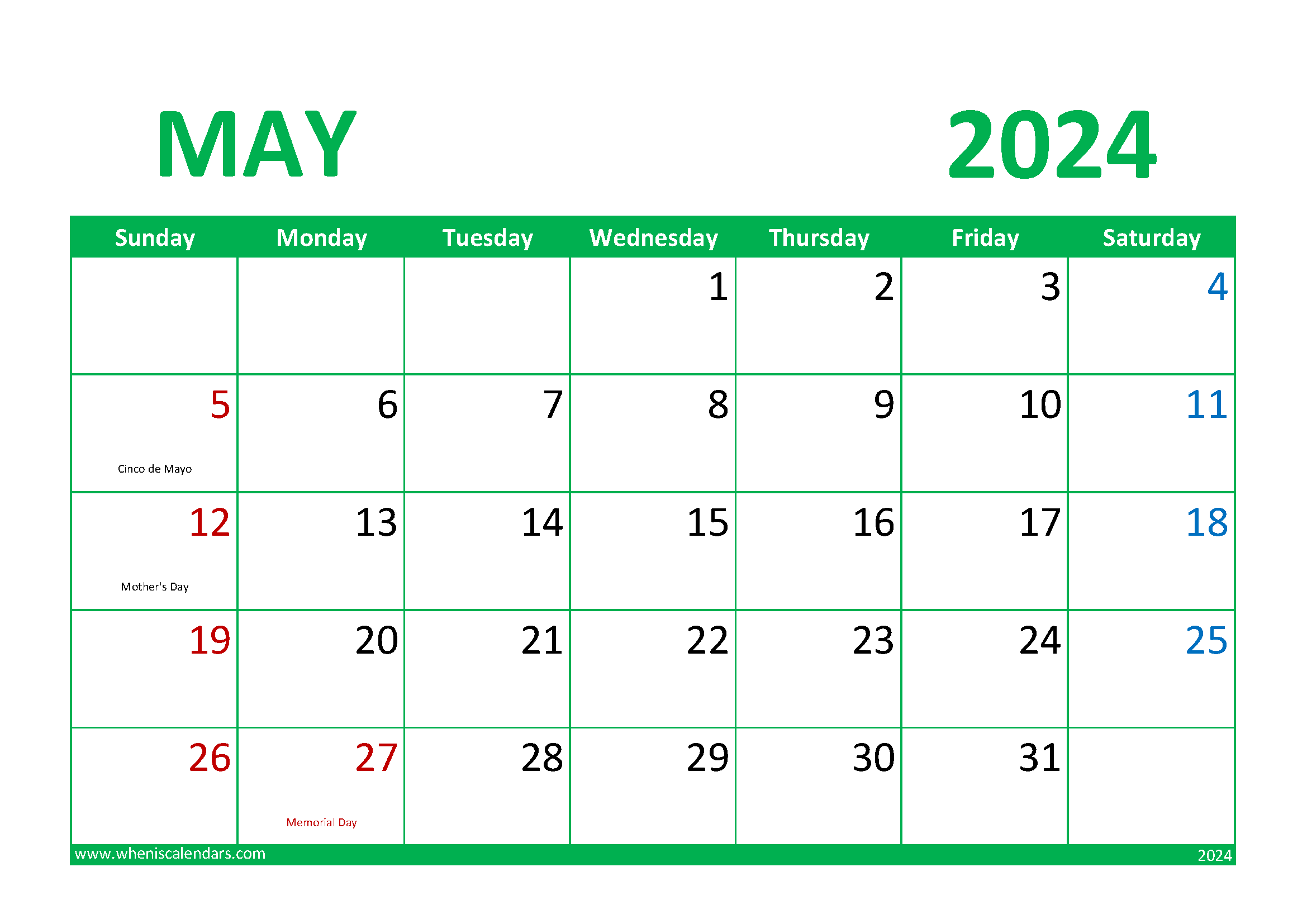 Download May 2024 Calendar Printable Free A4 Horizontal 54016