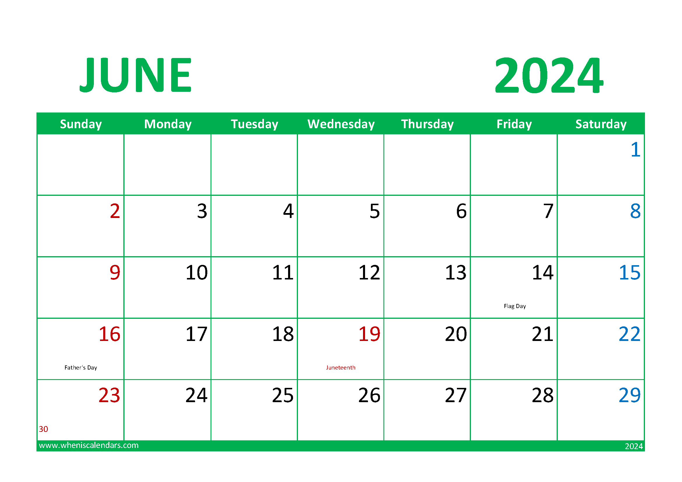 Download June 2024 Calendar Printable Free A4 Horizontal 64016