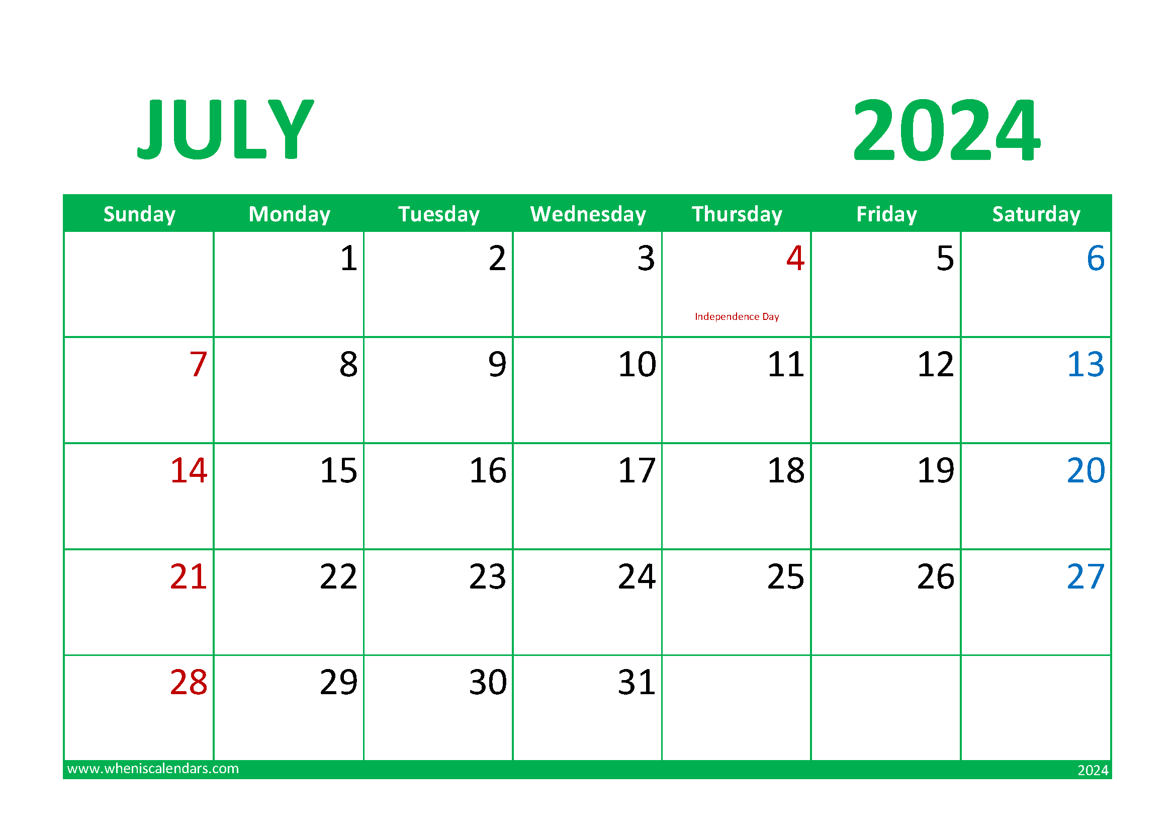 Download July 2024 Calendar Printable Free A4 Horizontal 74016