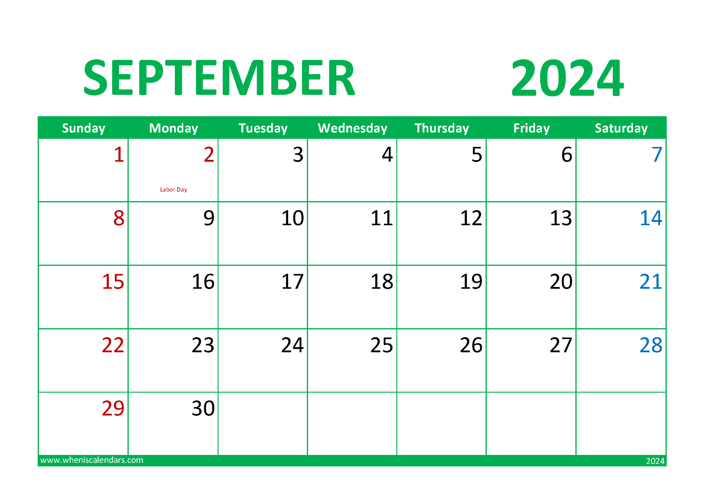 Download September 2024 Calendar Printable Free A4 Horizontal 94016