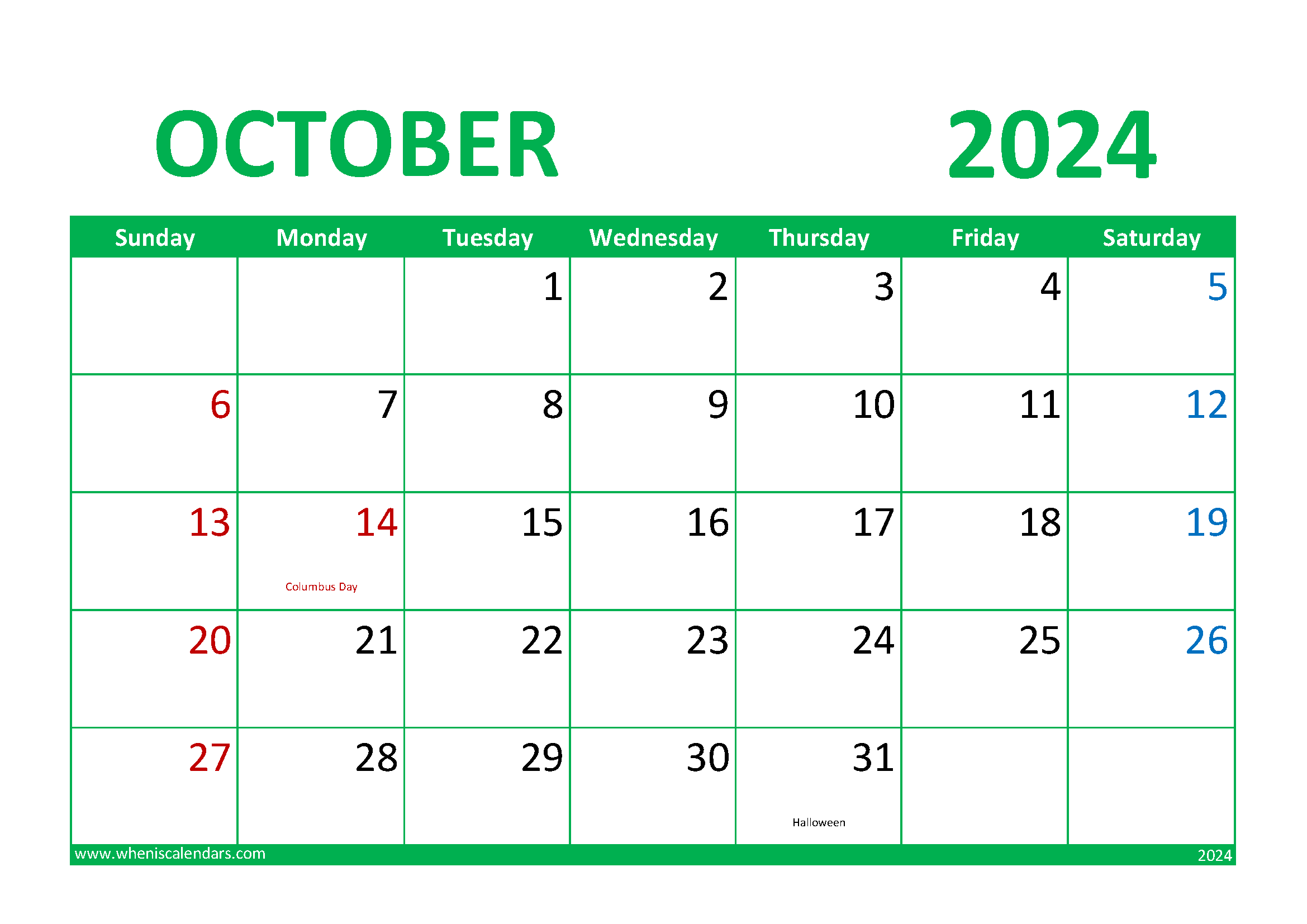 Download October 2024 Calendar Printable Free A4 Horizontal 104016