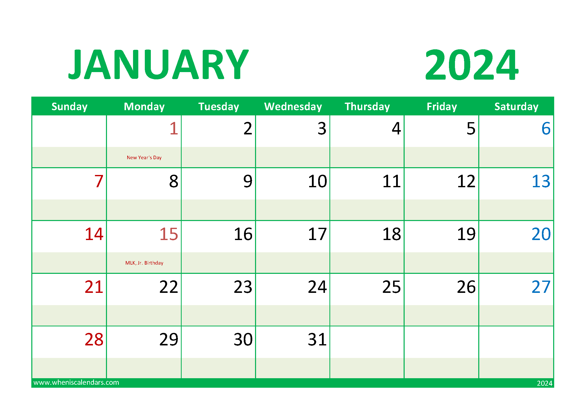 Download 2024 January Calendar Holiday A4 Horizontal J4017