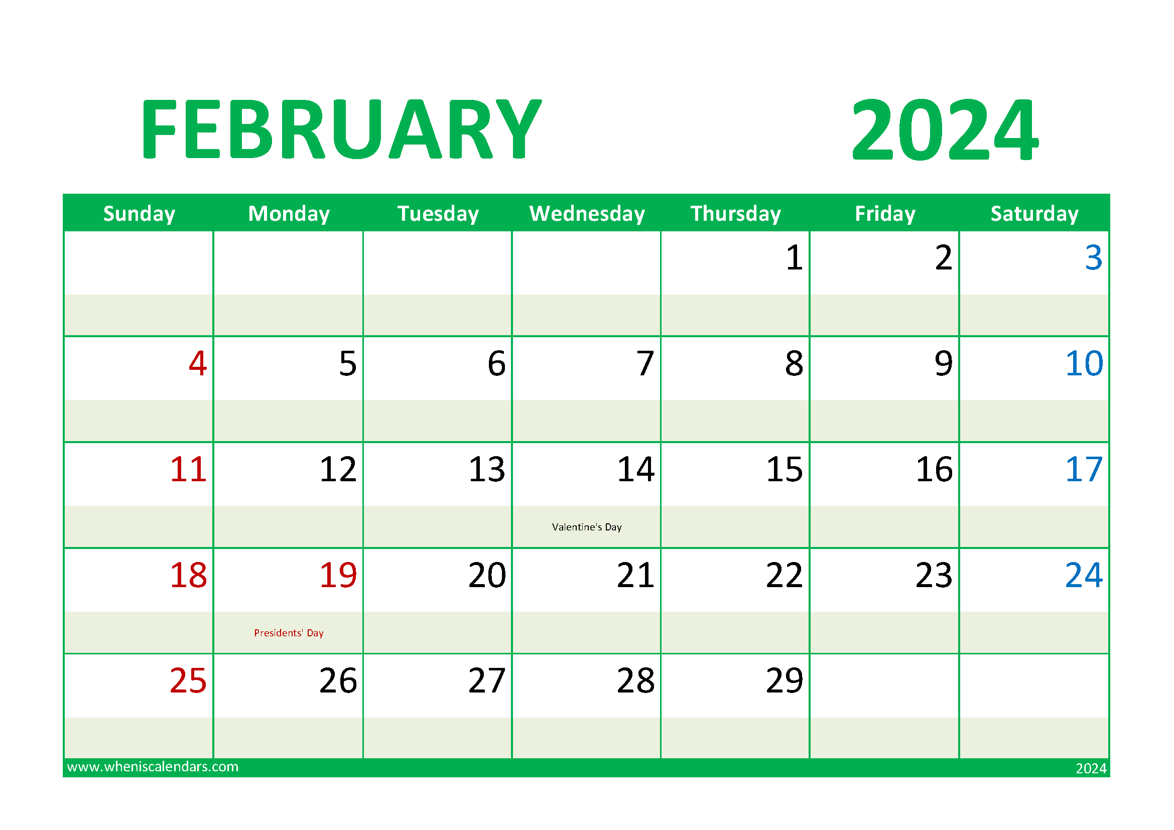 Download 2024 February Calendar Holiday A4 Horizontal 24017