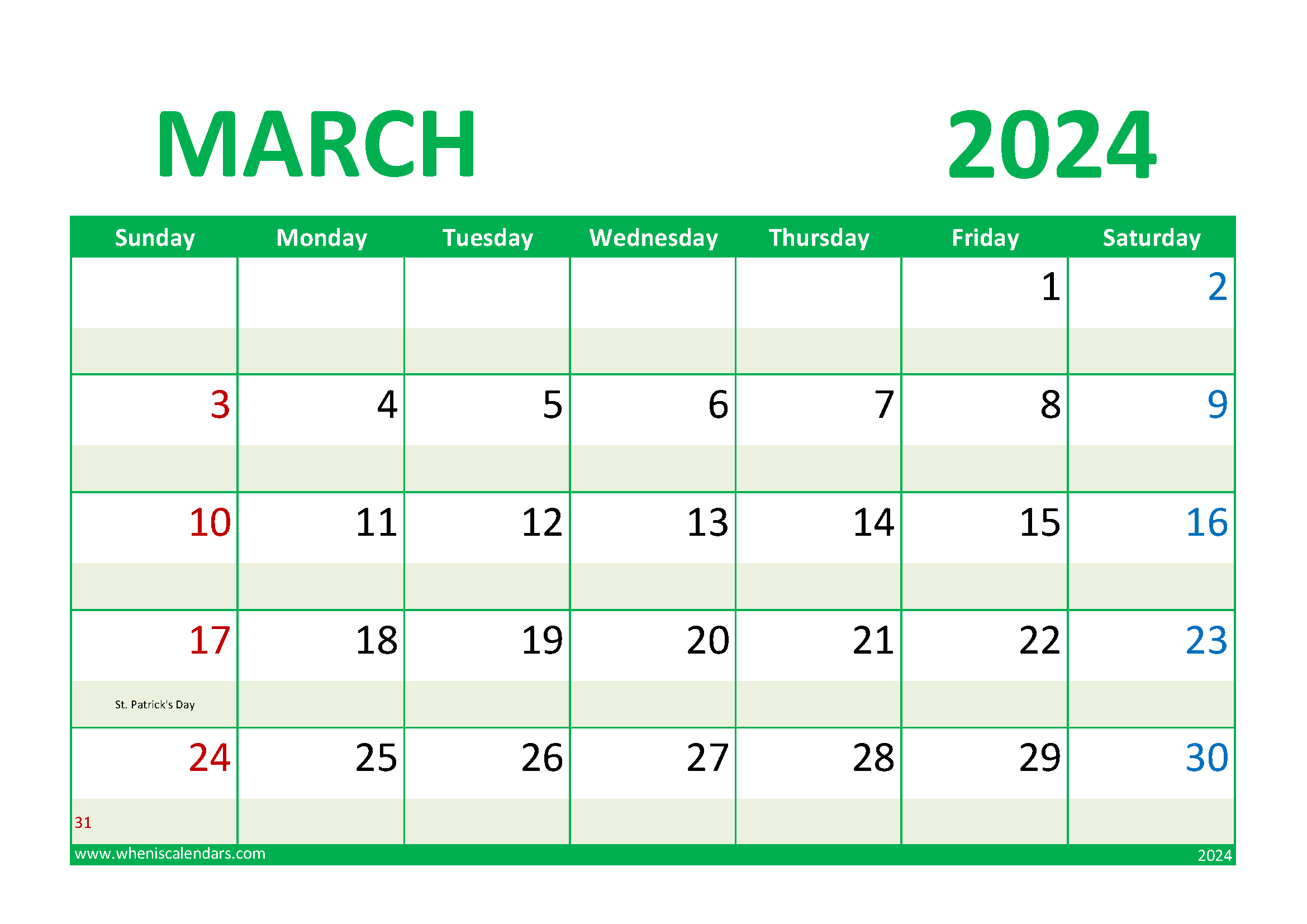 Download 2024 March Calendar Holiday A4 Horizontal 34017