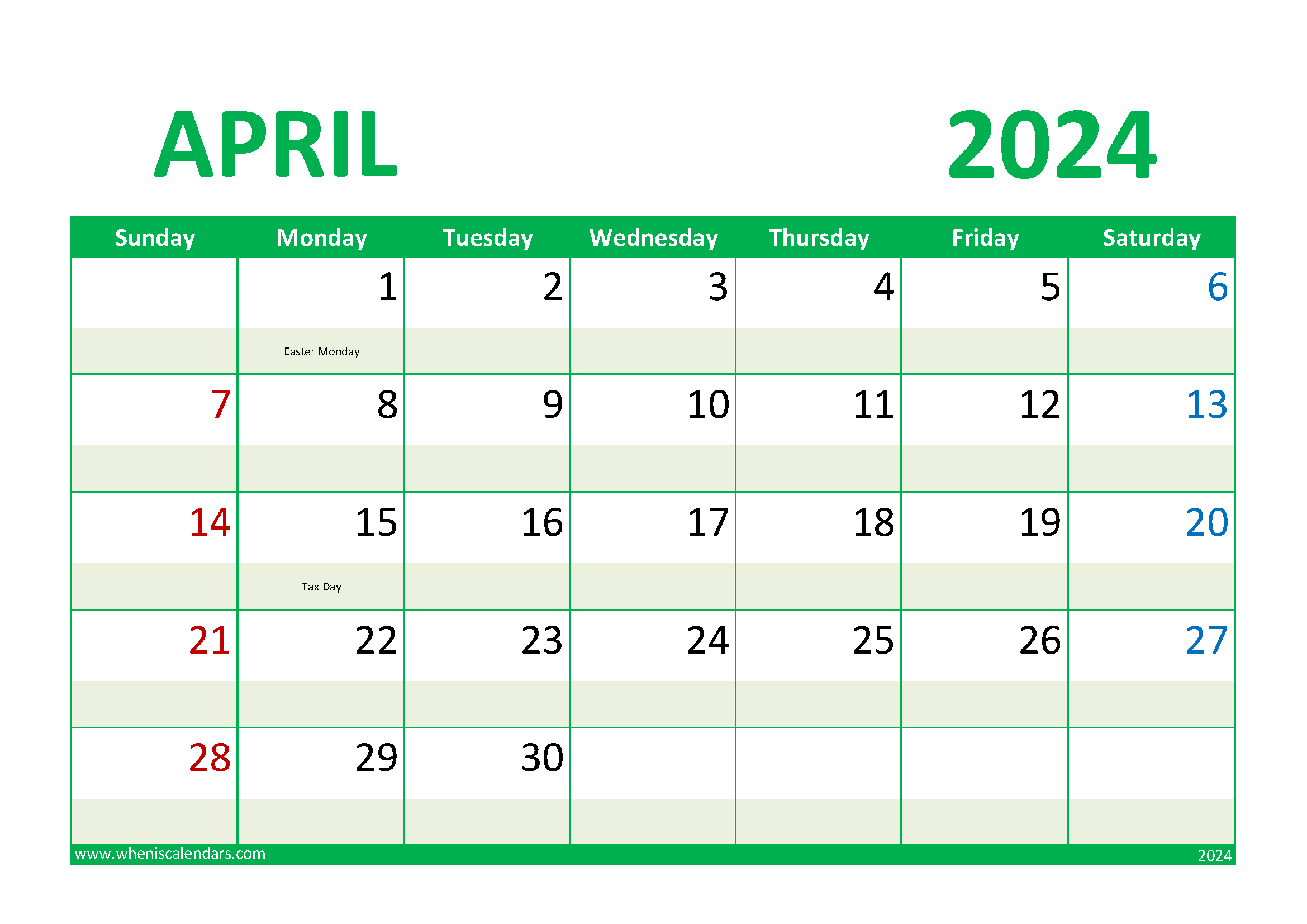 Download 2024 April Calendar Holiday A4 Horizontal 44017