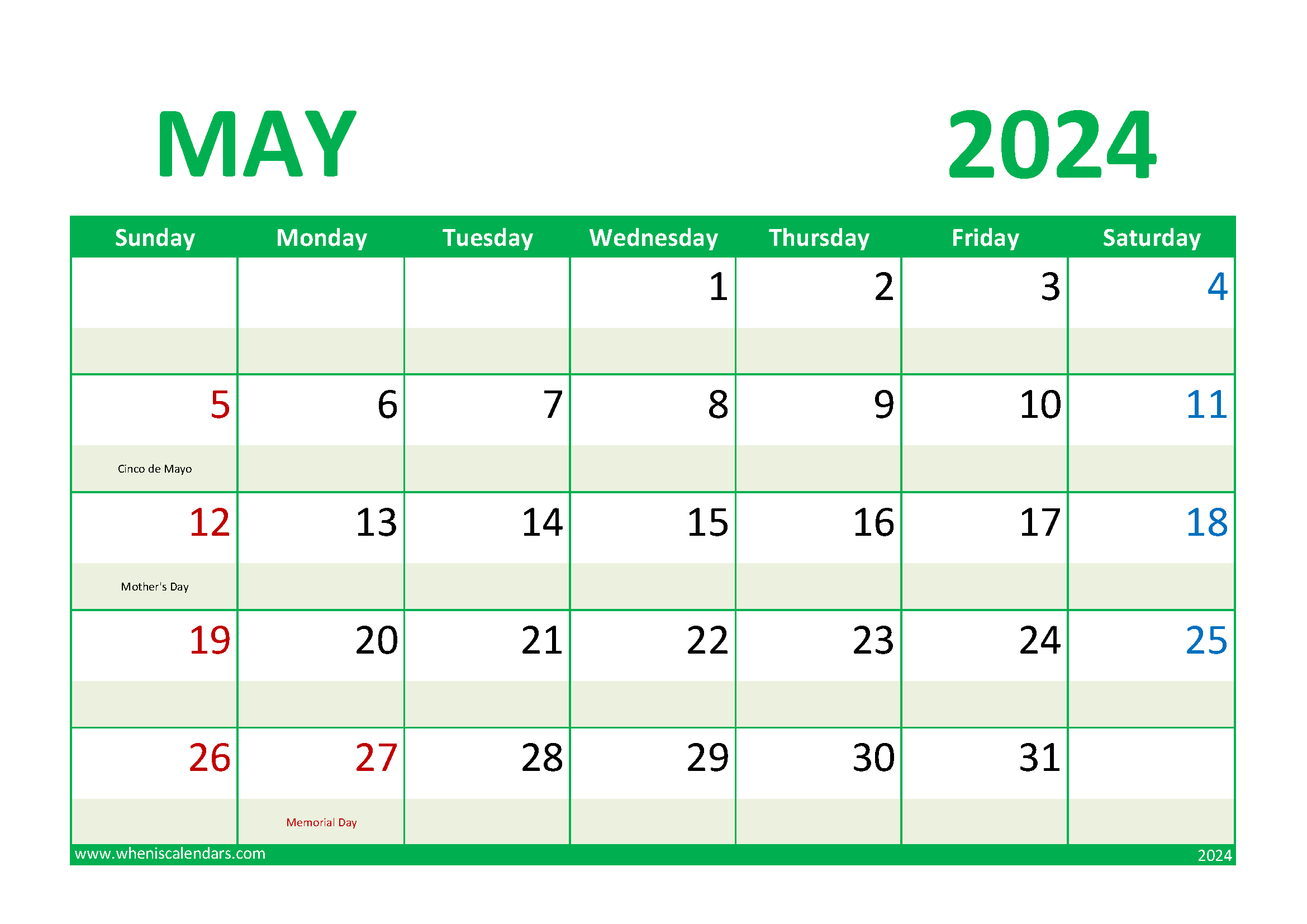 Download 2024 May Calendar Holiday A4 Horizontal 54017