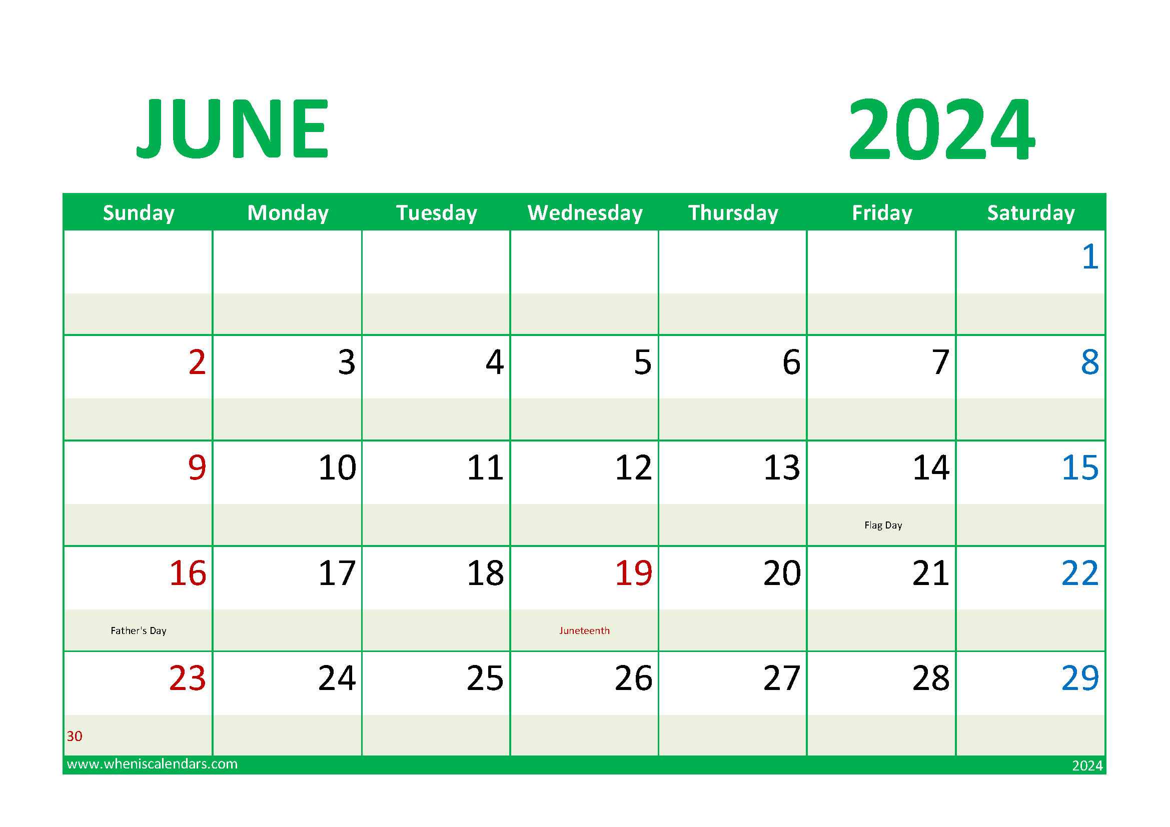 Download 2024 June Calendar Holiday A4 Horizontal 64017