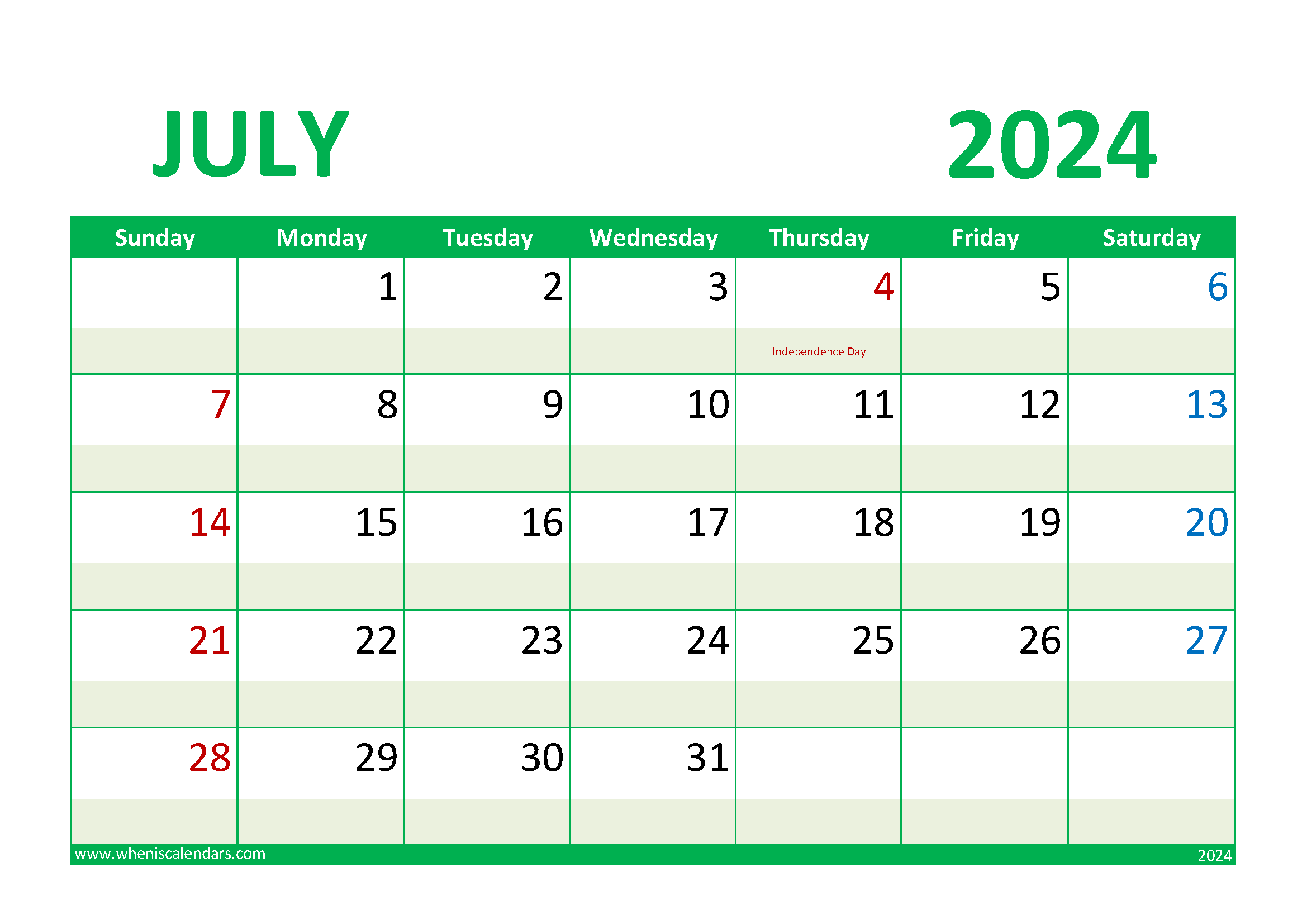 Download 2024 July Calendar Holiday A4 Horizontal 74017