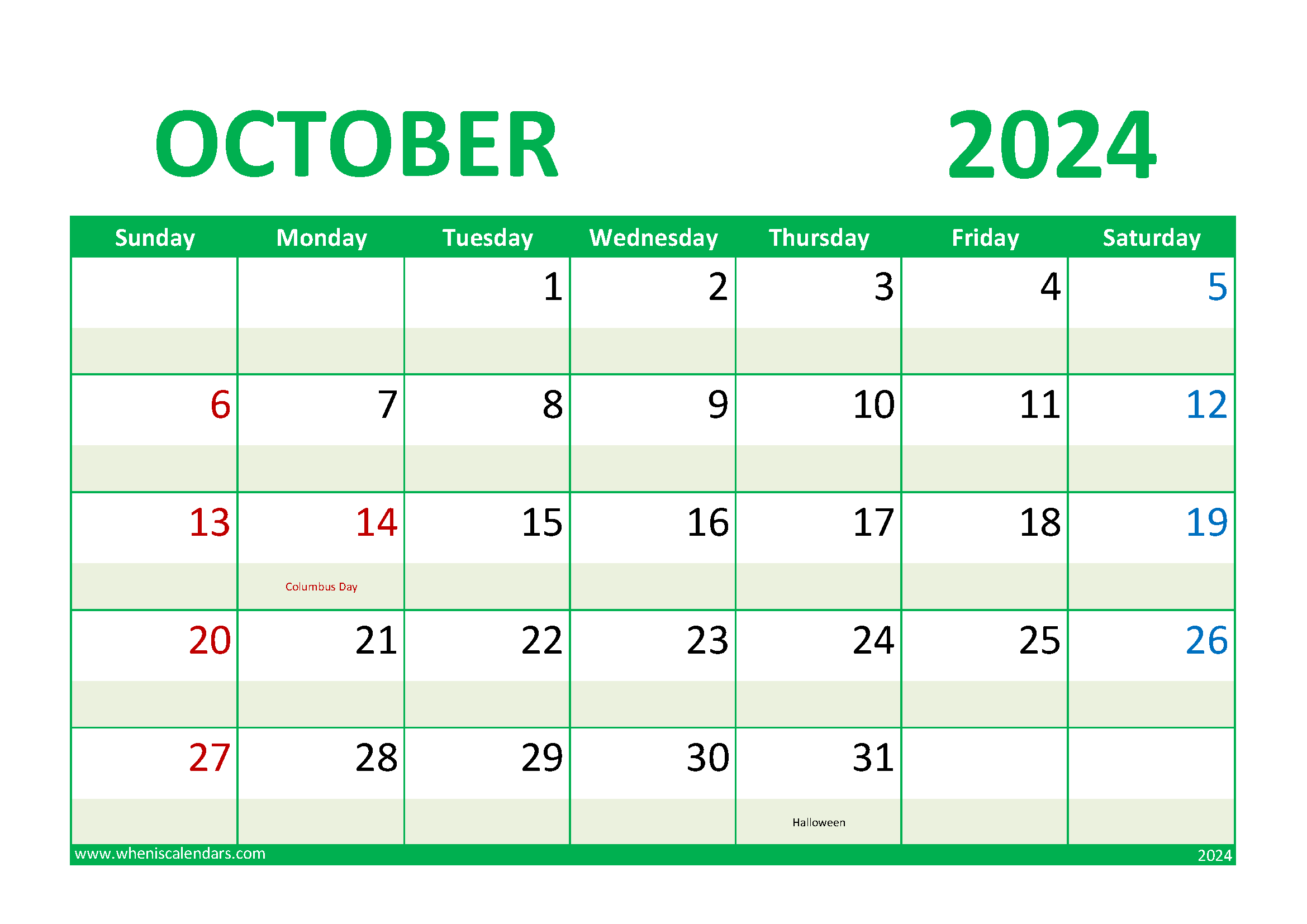 Download 2024 October Calendar Holiday A4 Horizontal 104017